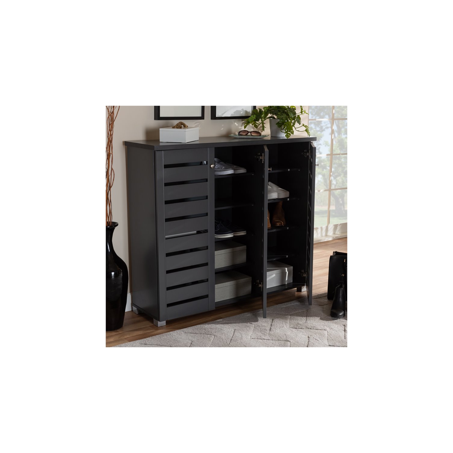 Bowery Hill 3-Door Wood Entryway Shoe Cabinet in Dark Gray