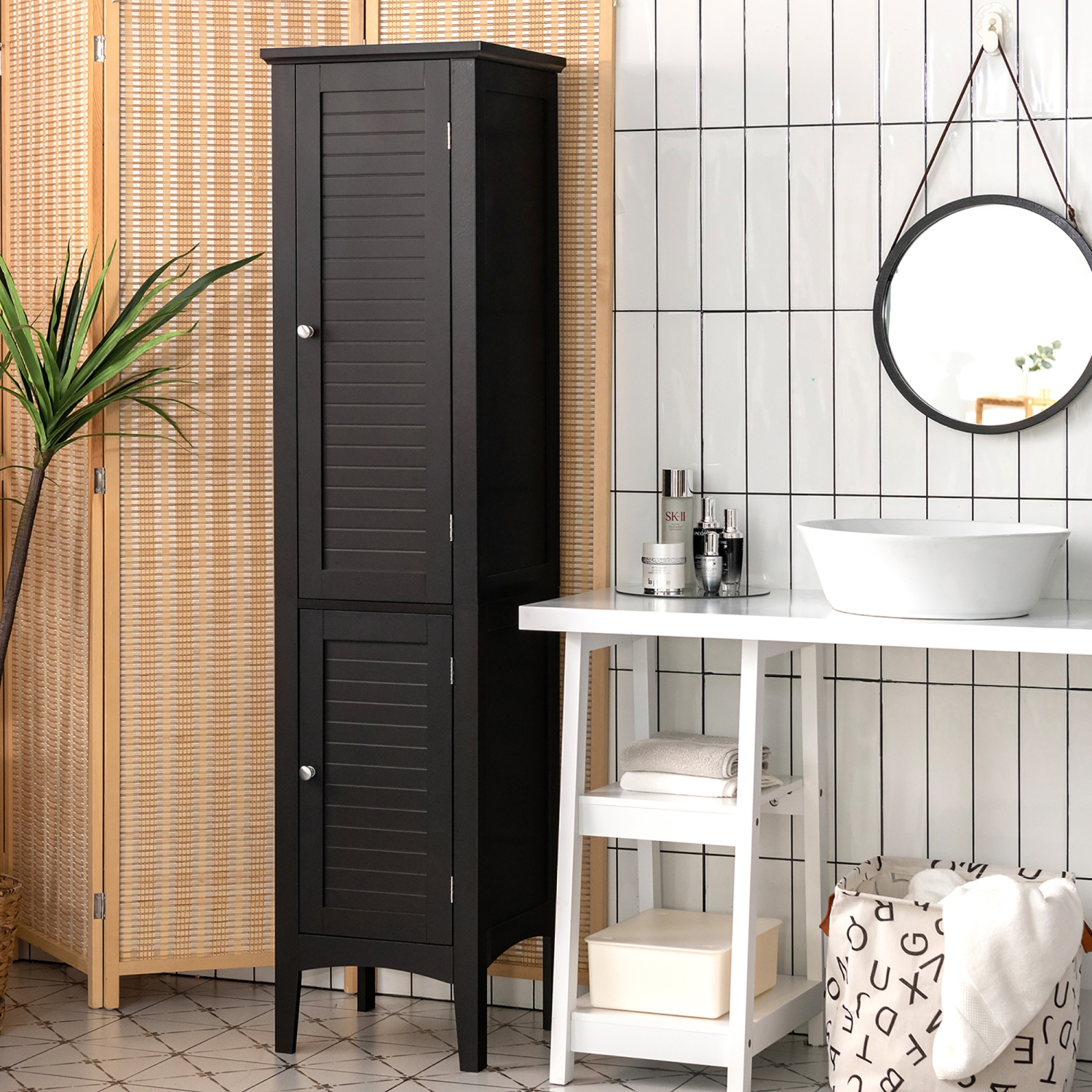 Costway Freestanding Bathroom Storage Cabinet Linen Tower Kitchen Living Room Grey\Black\Brown\White