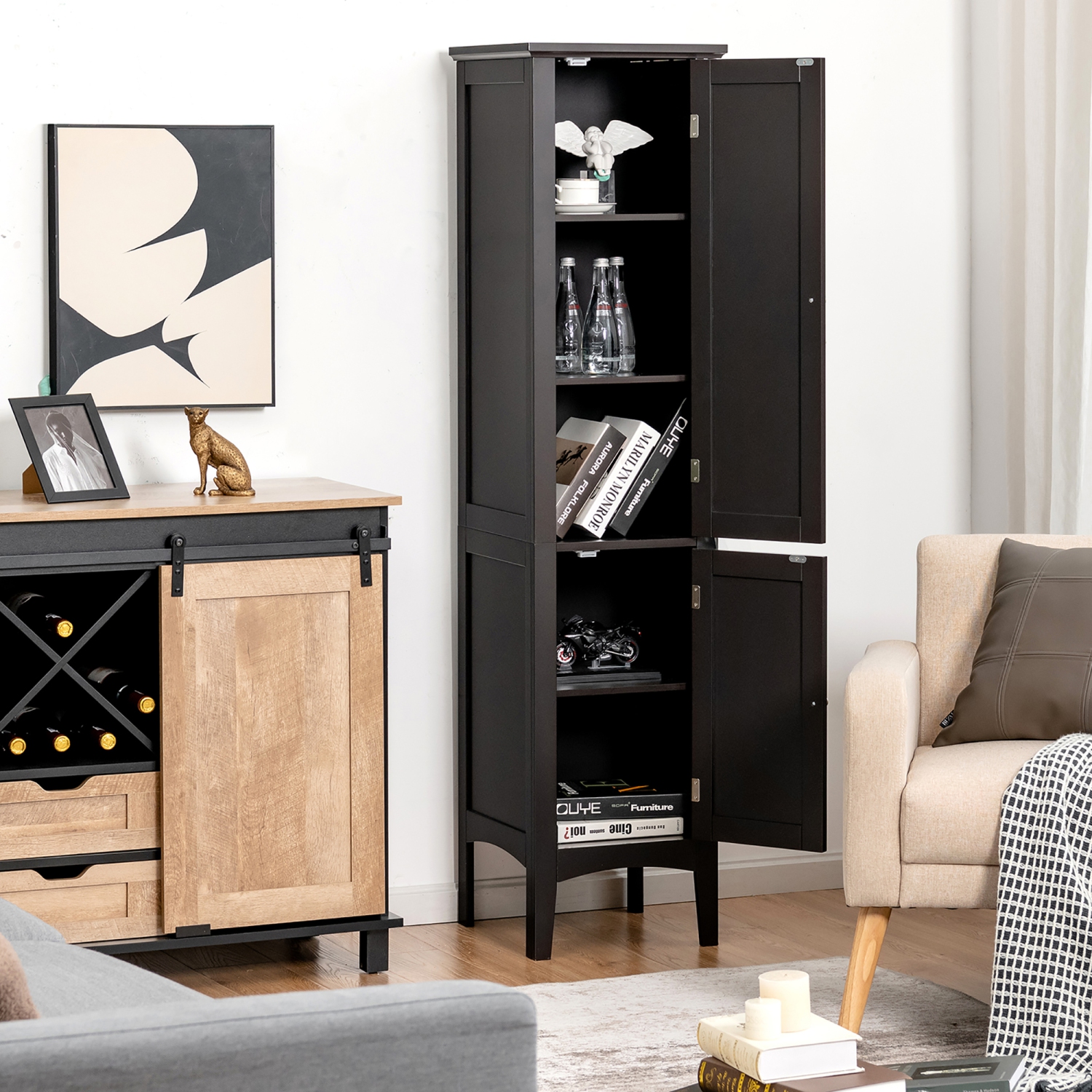Costway Freestanding Bathroom Storage Cabinet Linen Tower Kitchen Living Room Grey\Black\Brown\White