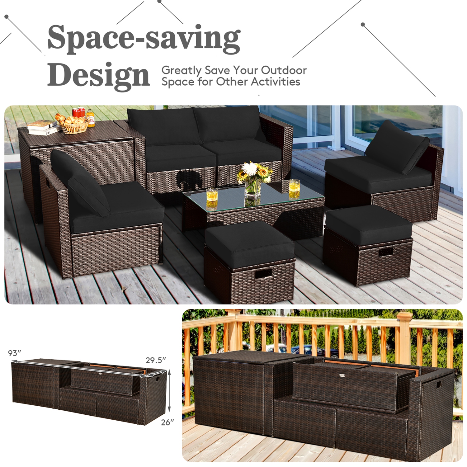 Costway 8PCS Patio Rattan Furniture Set Space-Saving Storage Cushion