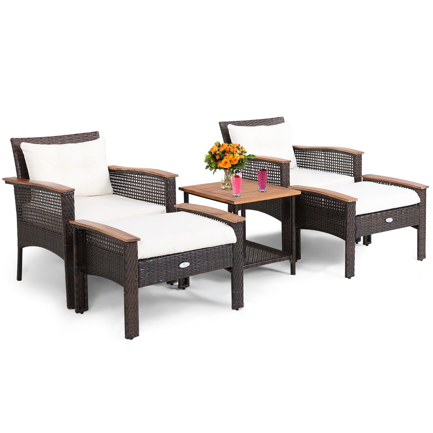 Costway 5PCS Patio Rattan Furniture Set Acacia Wood Table Armrest Cushion Yard