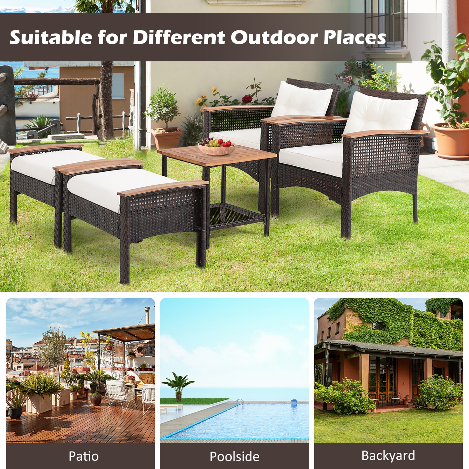 Costway 5PCS Patio Rattan Furniture Set Acacia Wood Table Armrest Cushion Yard