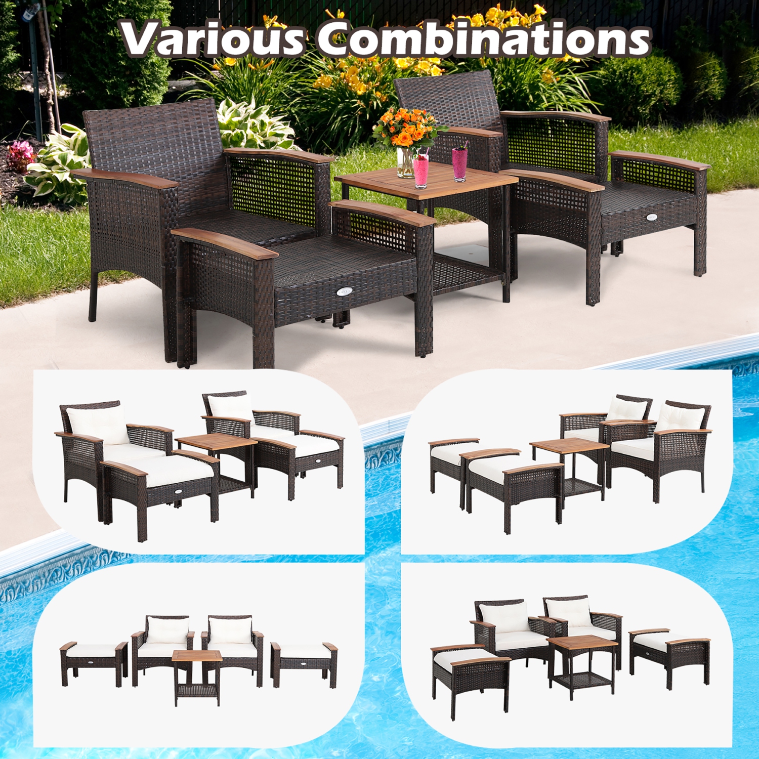 Costway 5PCS Patio Rattan Furniture Set Acacia Wood Table Armrest Cushion Yard