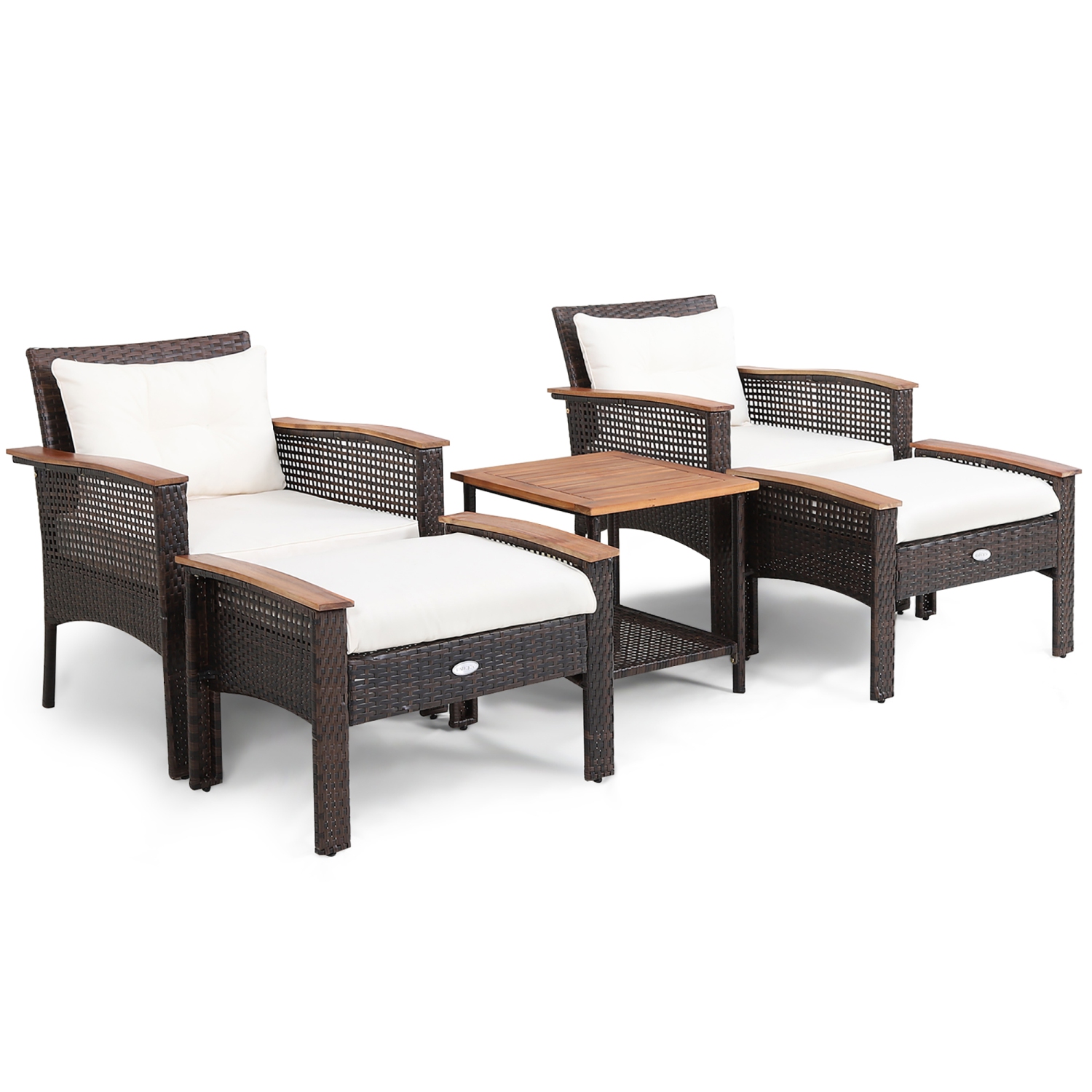 Costway 5PCS Patio Rattan Furniture Set Acacia Wood Table Armrest Cushion Yard