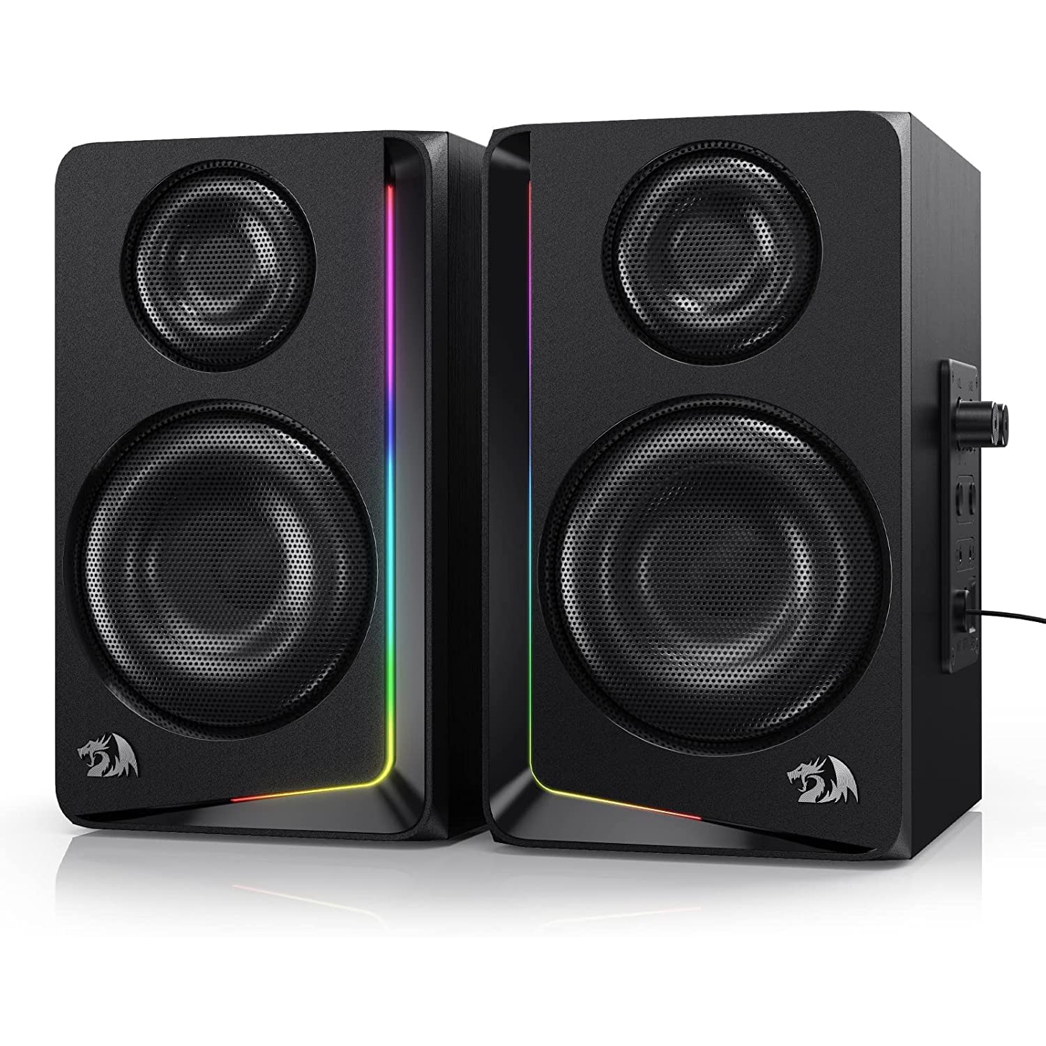 Redragon GS812 Wireless RGB Wooden Desktop Speakers, 2.0 Channel Bookshelf Speaker w/BT 5.0/3.5mm AUX Connection, Enhanced Bass/Volume Knob Control, Extra Mic/Audio Jacks