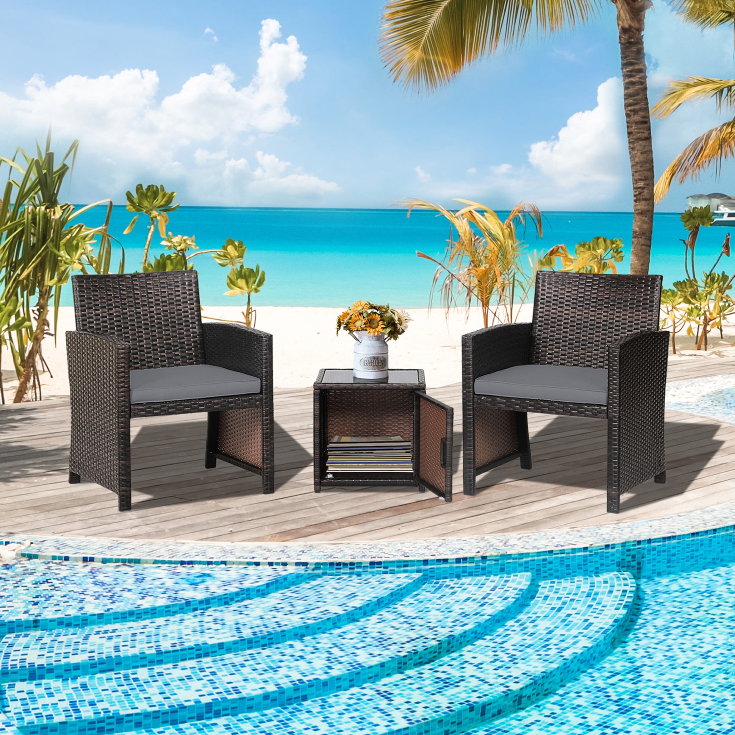 Gymax 3PCS Patio PE Rattan Conversation Furniture Set Bistro Set w/ Waterproof Cover