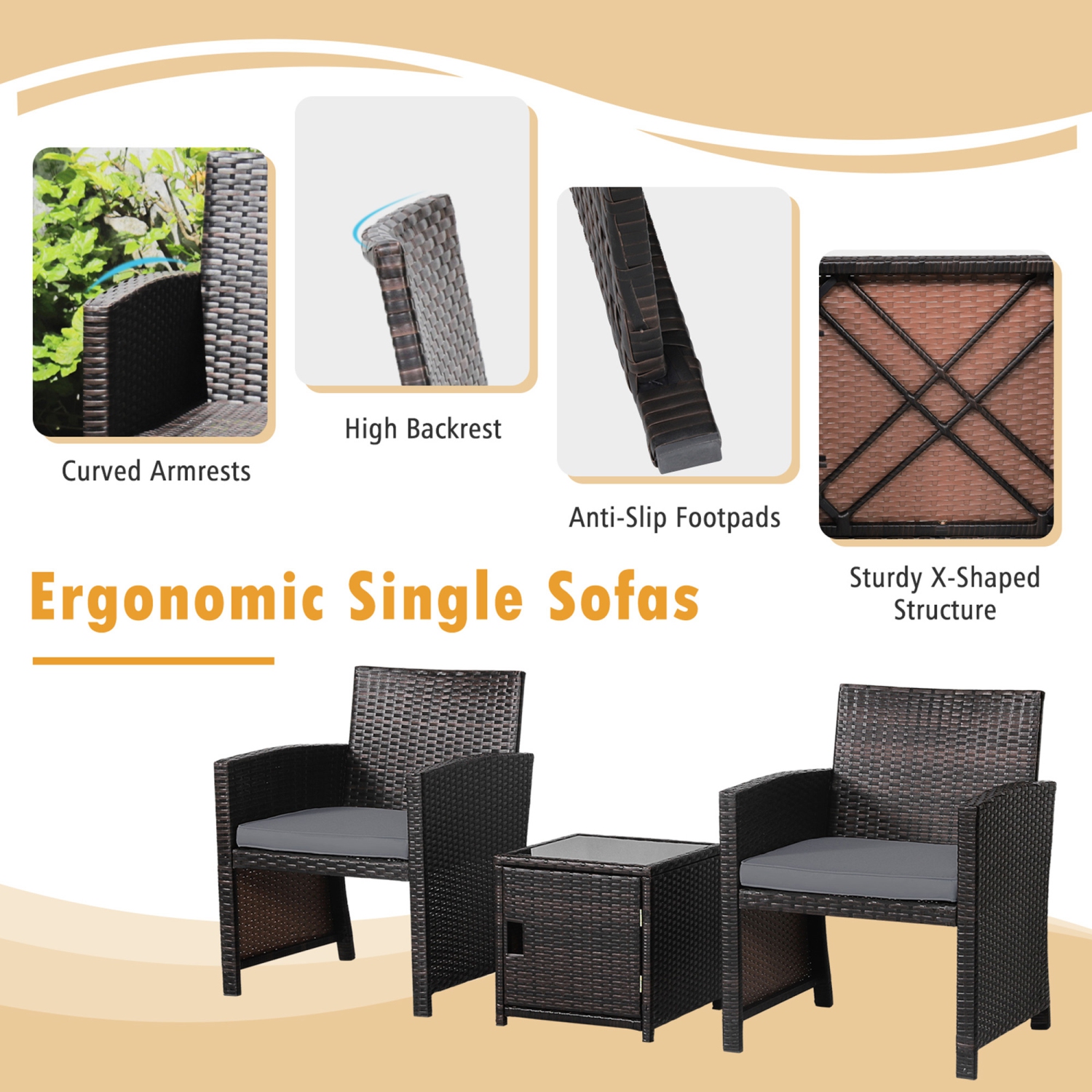 Gymax 3PCS Patio PE Rattan Conversation Furniture Set Bistro Set w/ Waterproof Cover