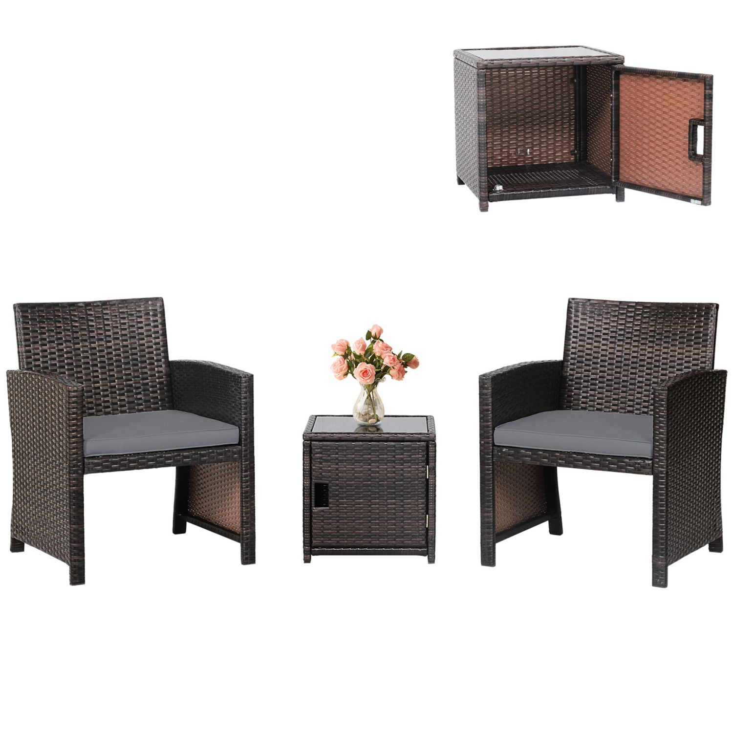 Gymax 3PCS Patio PE Rattan Conversation Furniture Set Bistro Set w/ Waterproof Cover