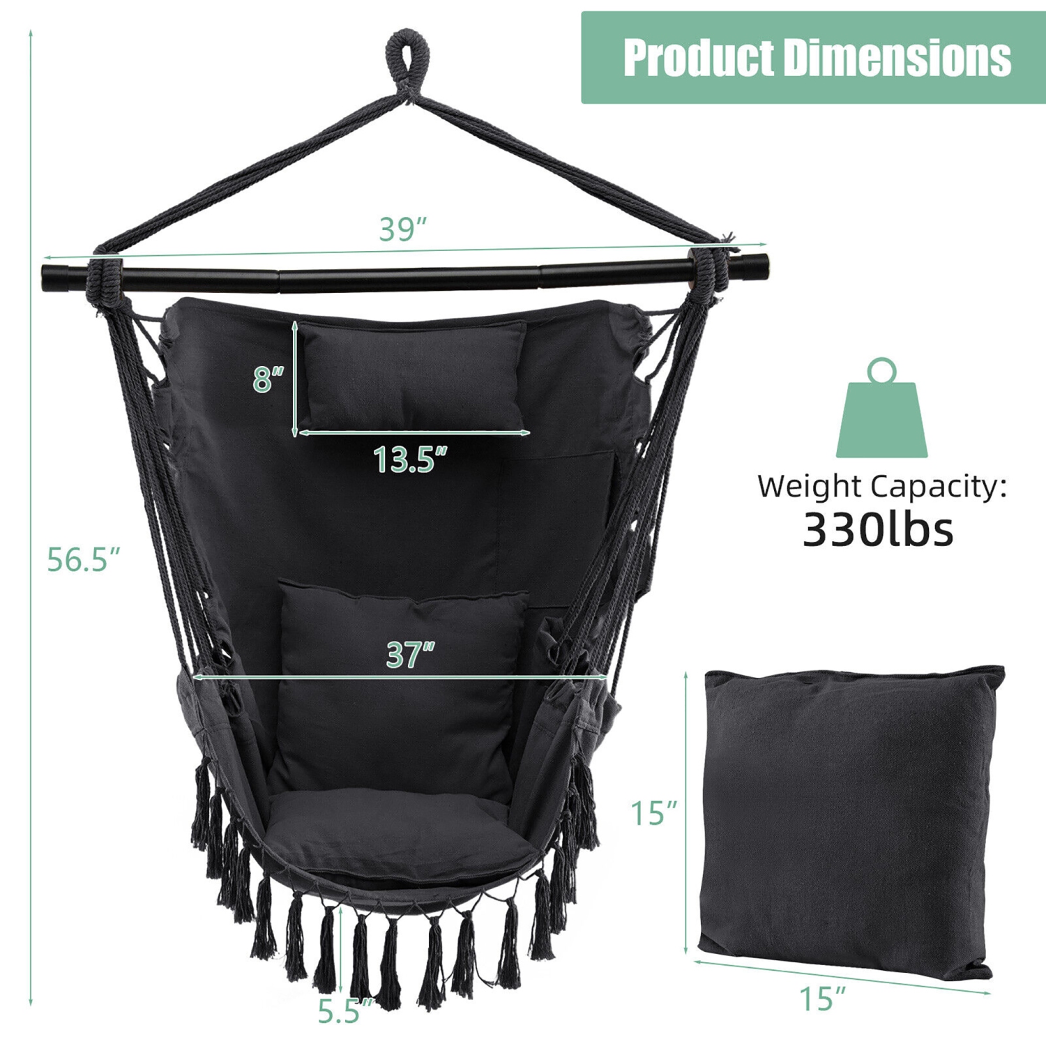 Gymax Hammock Chair w/ Soft Pillow Cushions Pocket Hanging Rope Swing Steel Bar