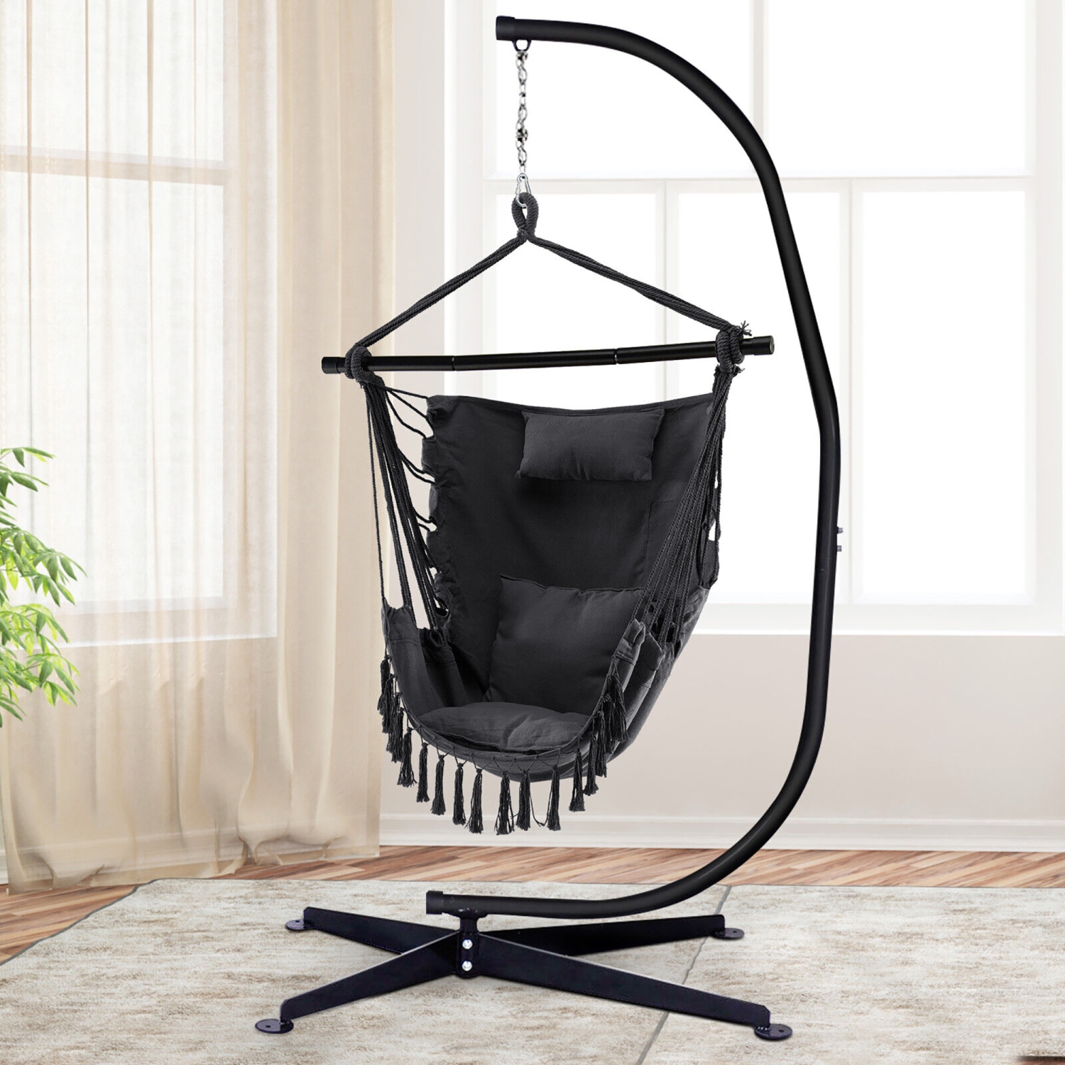 Gymax Hammock Chair w/ Soft Pillow Cushions Pocket Hanging Rope Swing Steel Bar