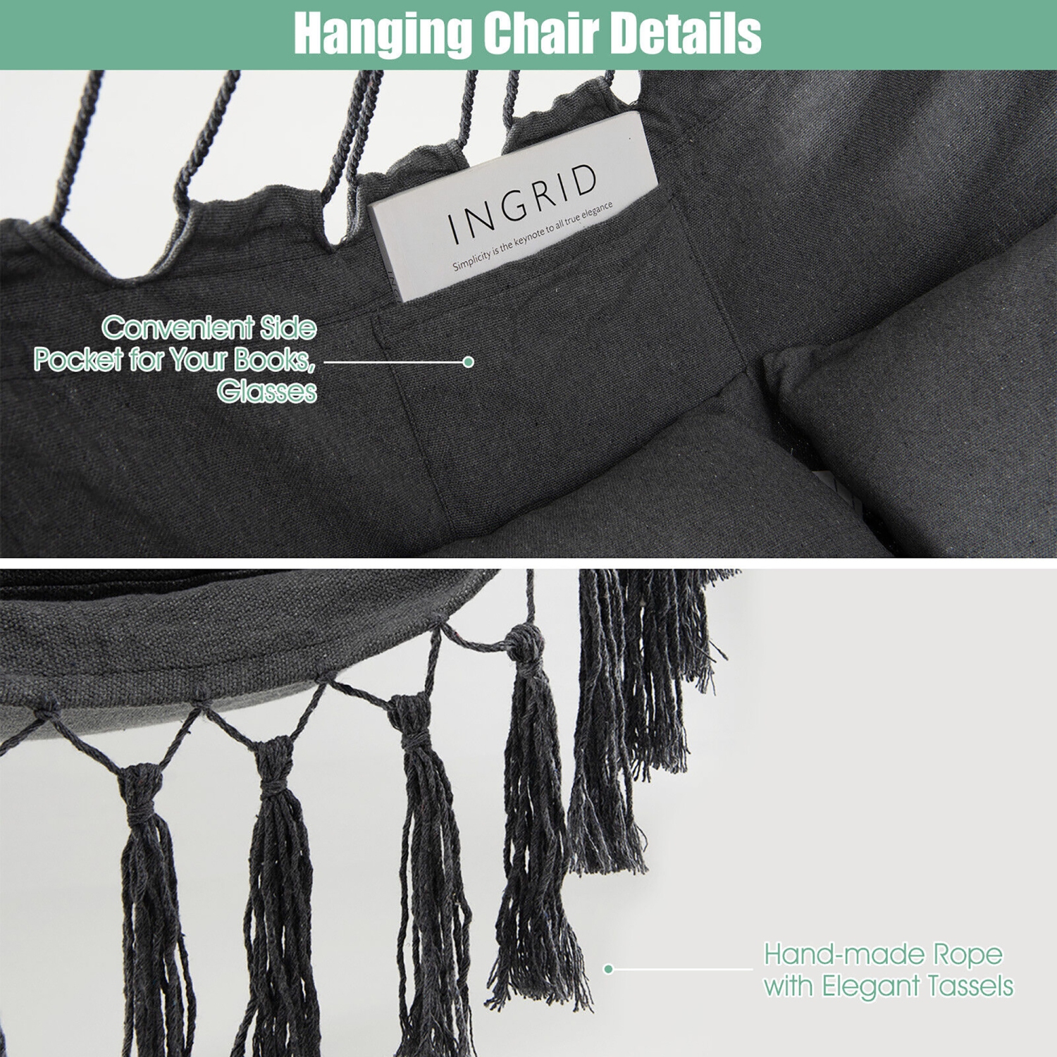 Gymax Hammock Chair w/ Soft Pillow Cushions Pocket Hanging Rope Swing Steel Bar