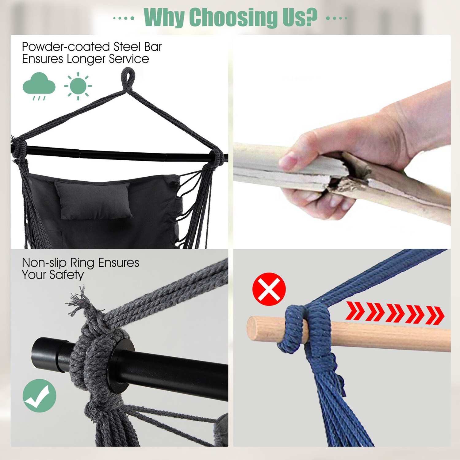 Gymax Hammock Chair w/ Soft Pillow Cushions Pocket Hanging Rope Swing Steel Bar