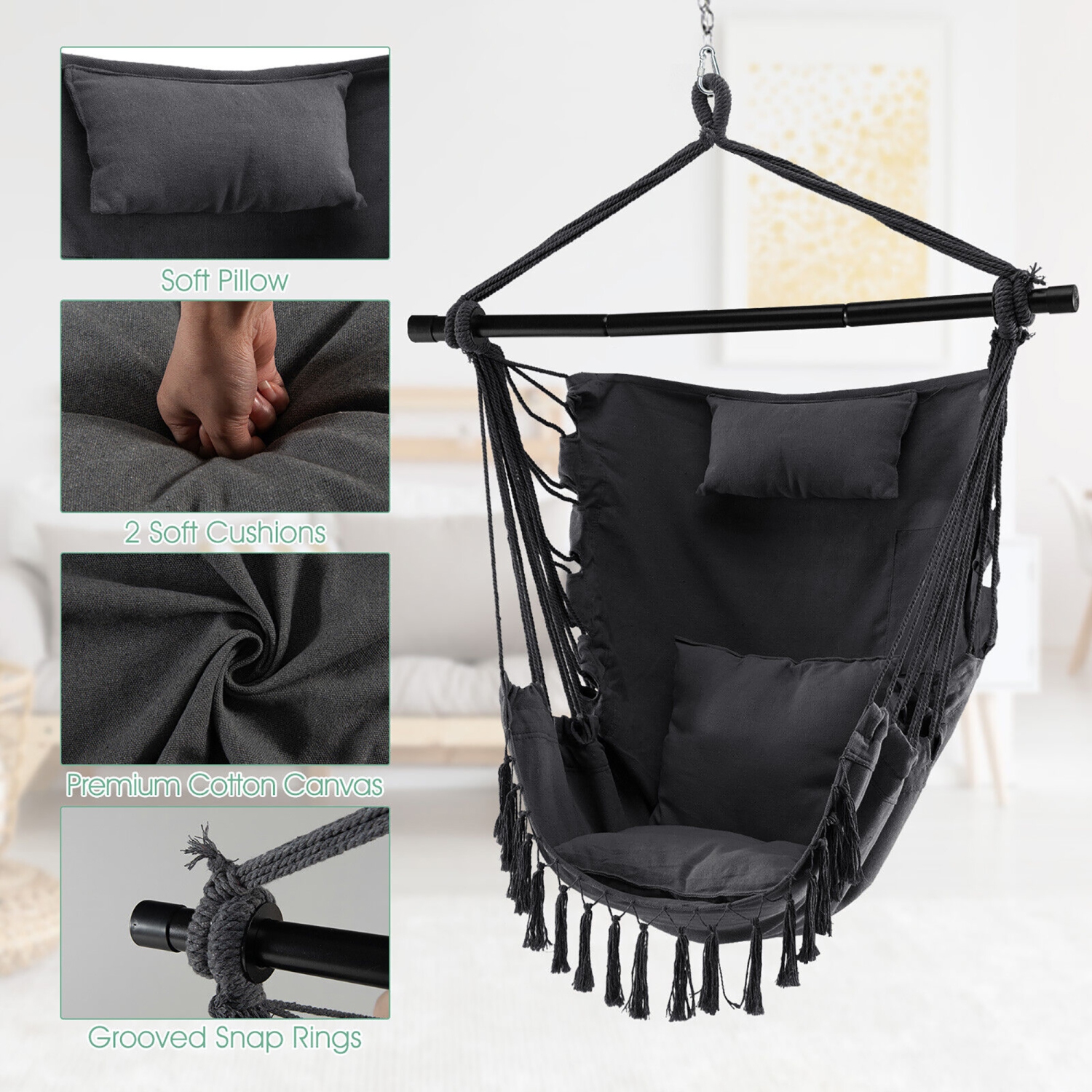 Gymax Hammock Chair w/ Soft Pillow Cushions Pocket Hanging Rope Swing Steel Bar