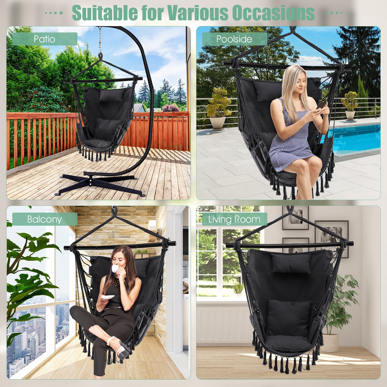 Gymax Hammock Chair w/ Soft Pillow Cushions Pocket Hanging Rope Swing Steel Bar