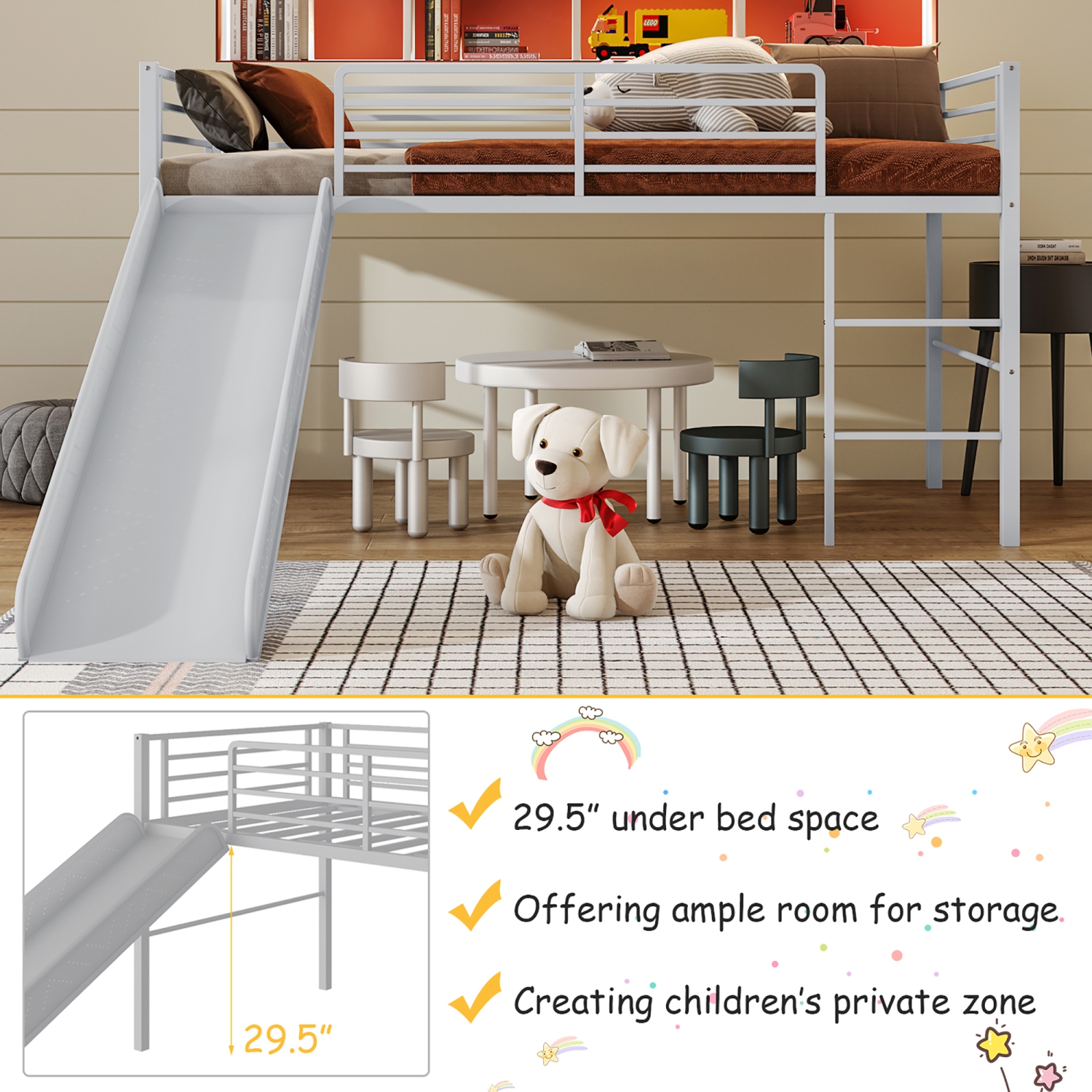 Gymax Twin Metal Loft Bed with Slide Guardrails Built-in Ladder Low Bed Frame