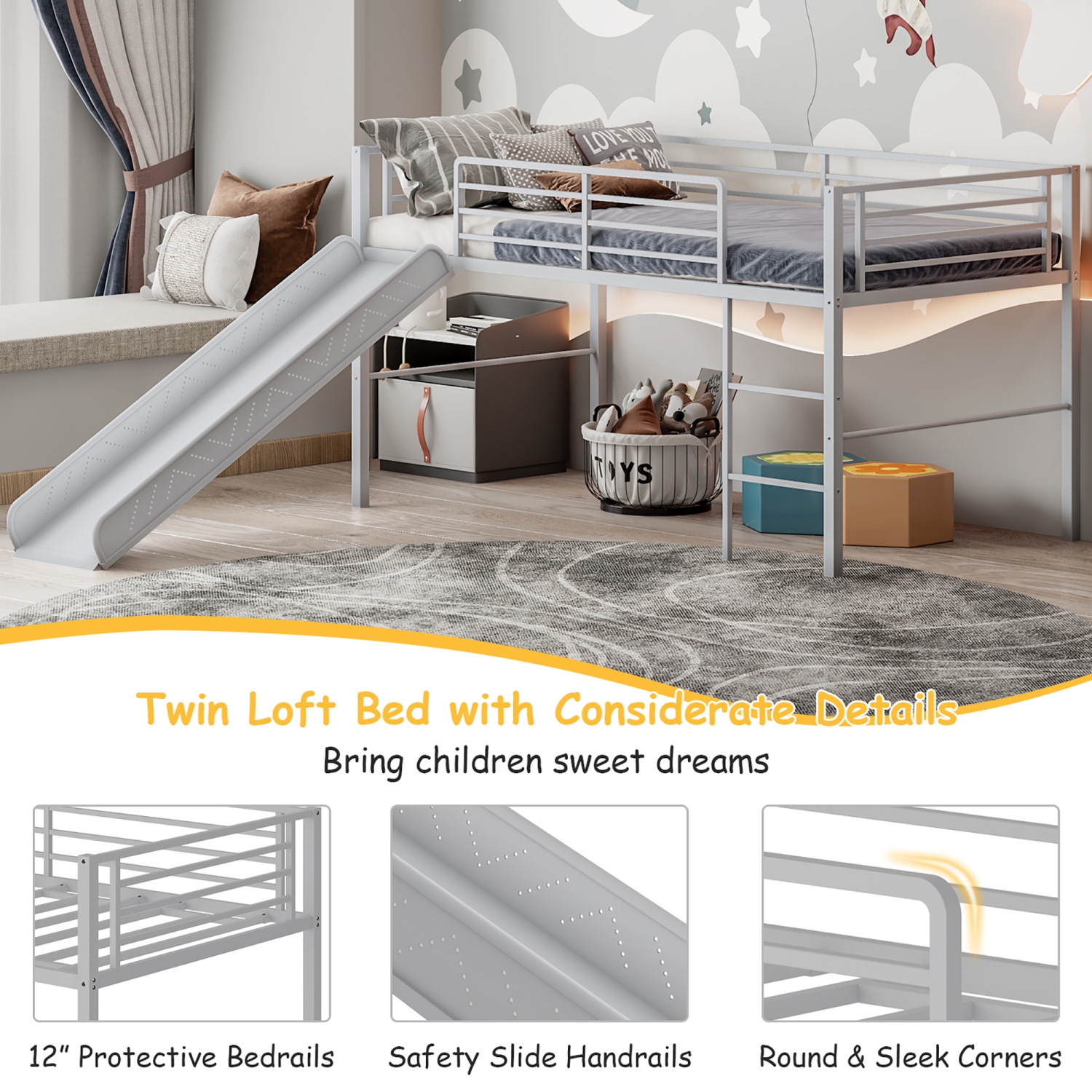 Gymax Twin Metal Loft Bed with Slide Guardrails Built-in Ladder Low Bed Frame