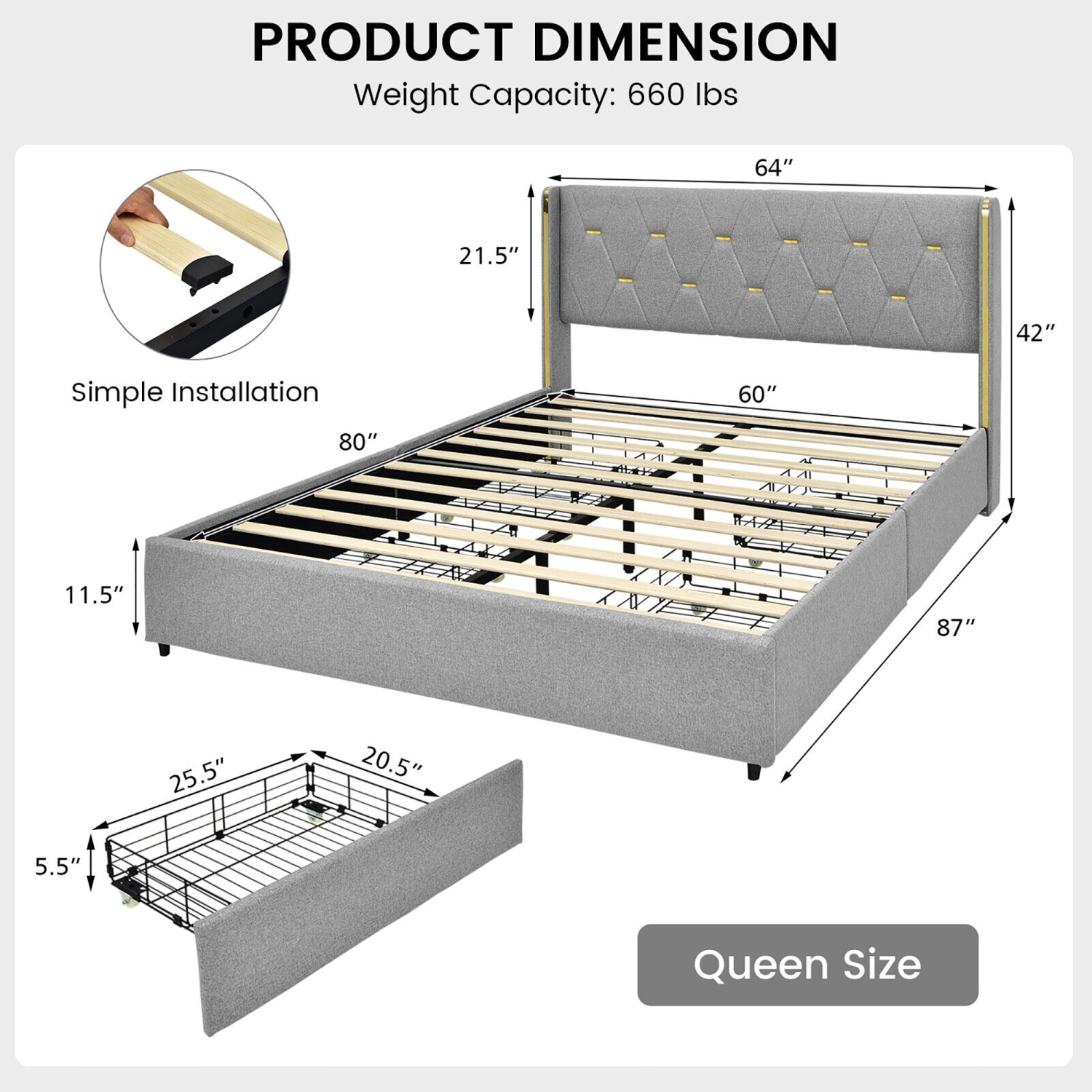 Sommier à cadre de lit Queen size de marque Gymax avec 4 tiroirs de rangement Argent