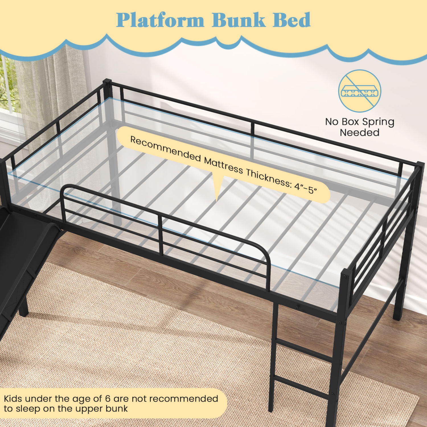 Gymax Twin Metal Loft Bed with Slide Guardrails Built-in Ladder Low Bed Frame