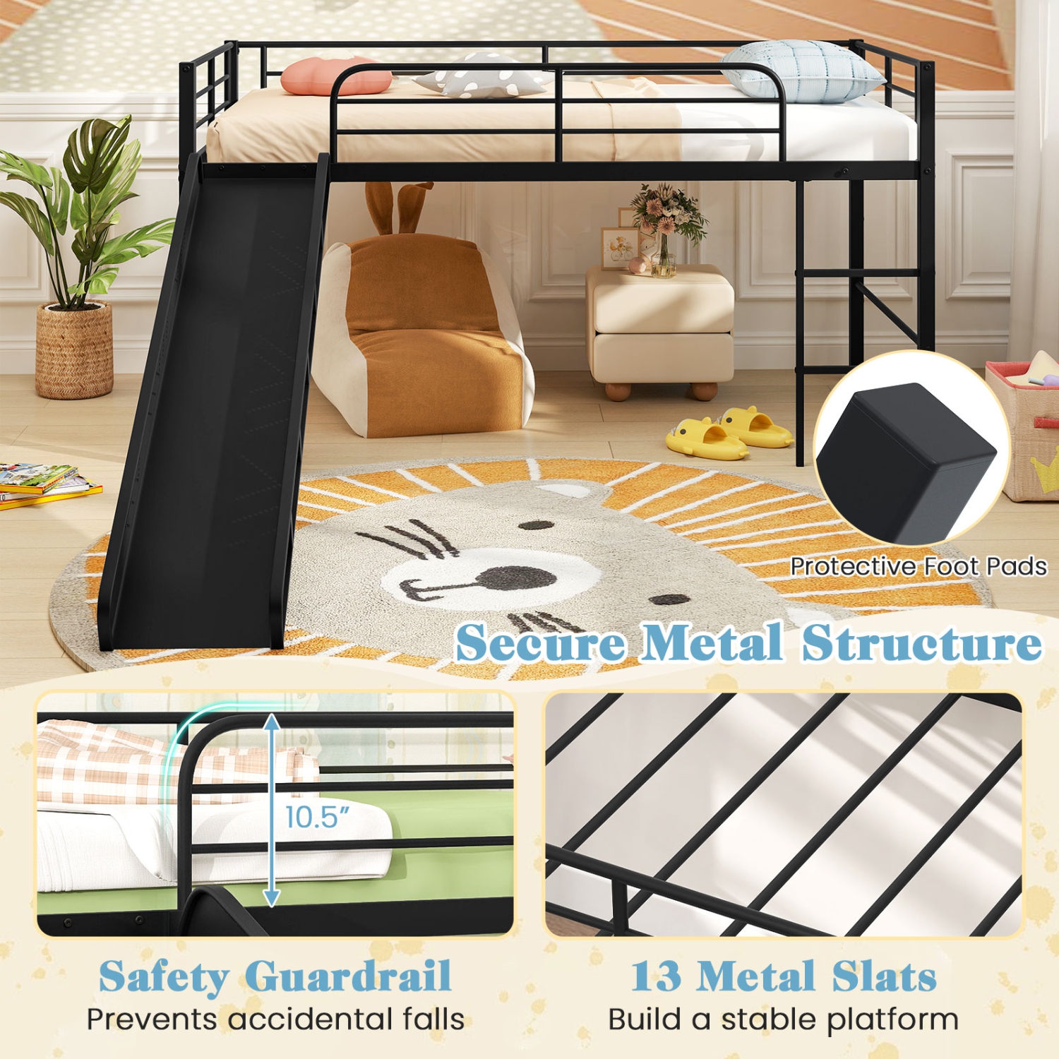 Gymax Twin Metal Loft Bed with Slide Guardrails Built-in Ladder Low Bed Frame