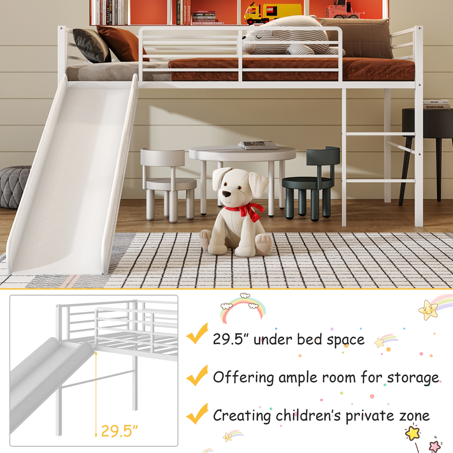 Gymax Twin Metal Loft Bed with Slide Guardrails Built-in Ladder Low Bed Frame