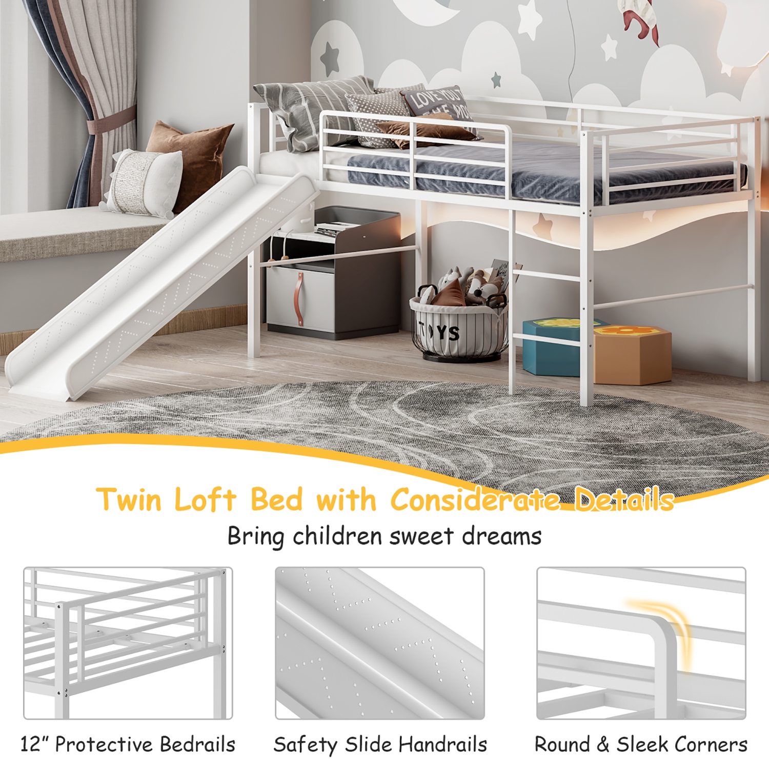 Gymax Twin Metal Loft Bed with Slide Guardrails Built-in Ladder Low Bed Frame