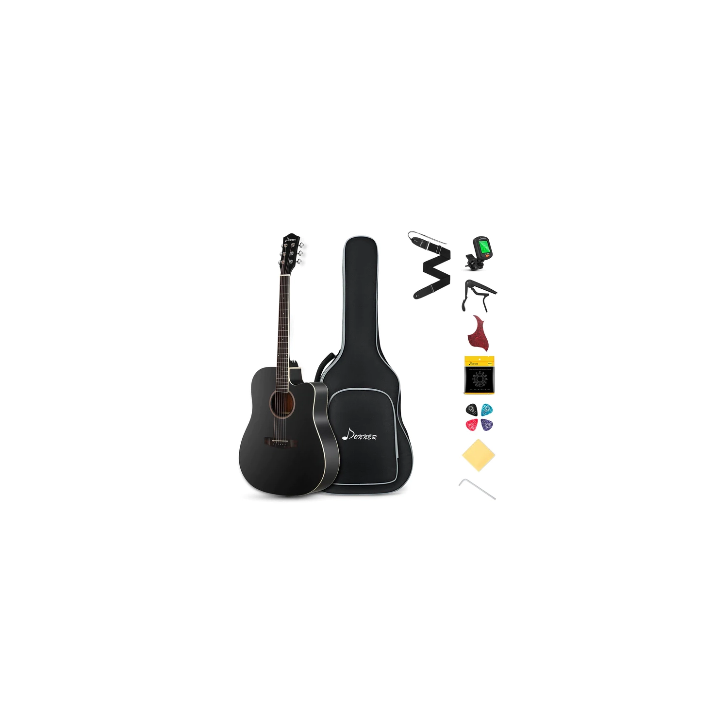 Donner DAD-160CD Cutaway 41-Inch Full Size Acoustic Guitar Beginner Kit, Right Handed, Black