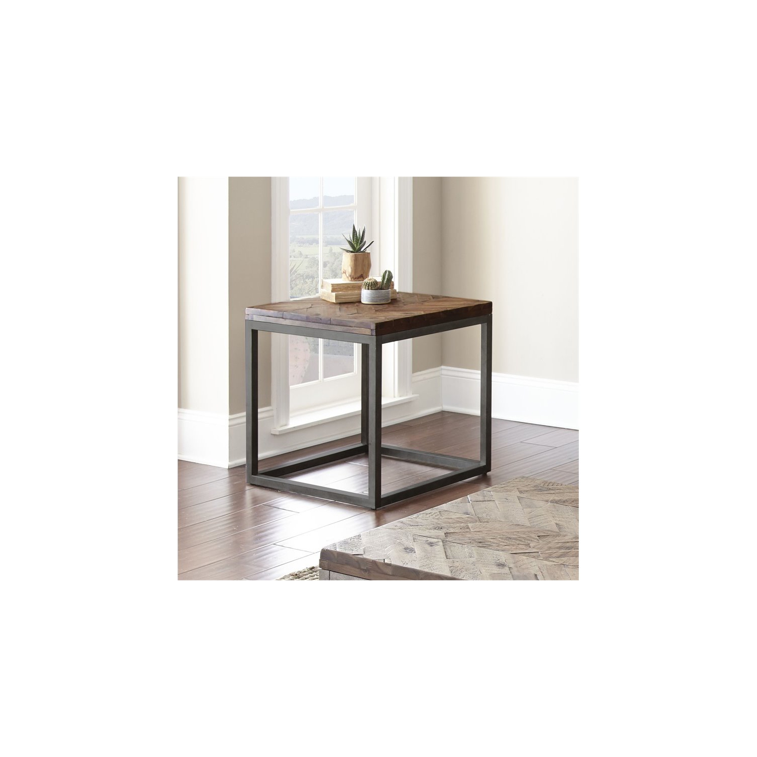 Lorenza Square End Table in Brown Distressed Wood