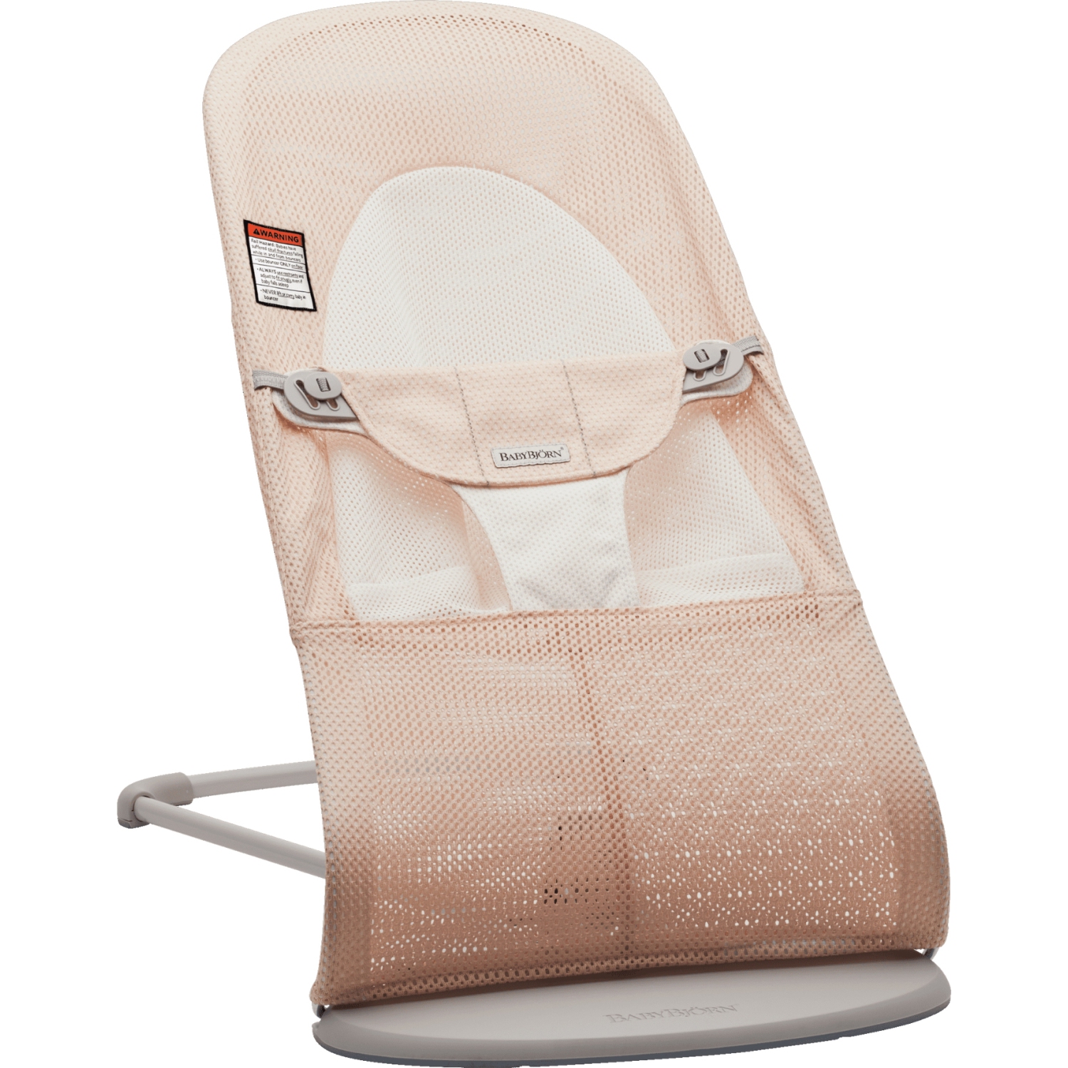 Siège sauteur Balance Soft de BabyBjorn - filet, rose pré/blanc sur cadre gris pâle