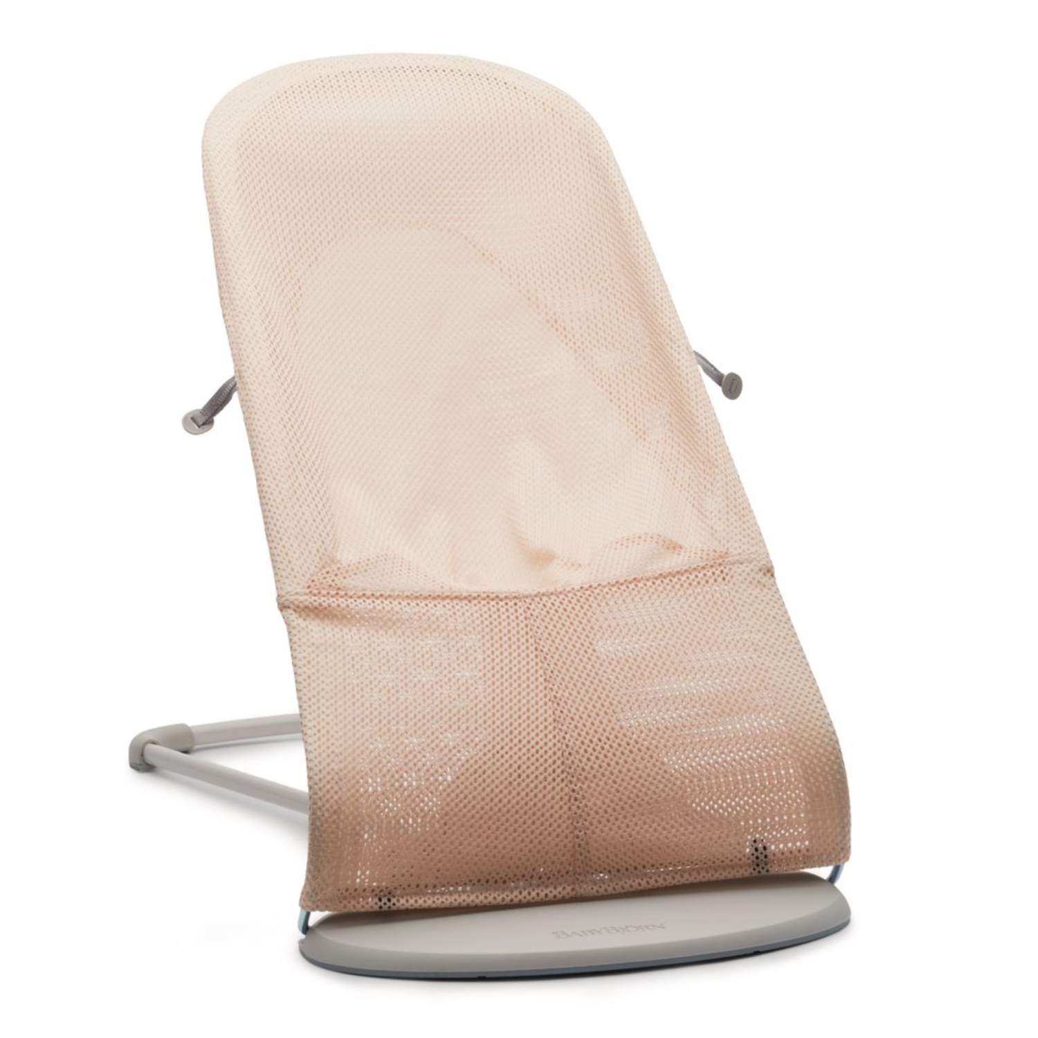 Siège sauteur Balance Soft de BabyBjorn - filet, rose pré/blanc sur cadre gris pâle