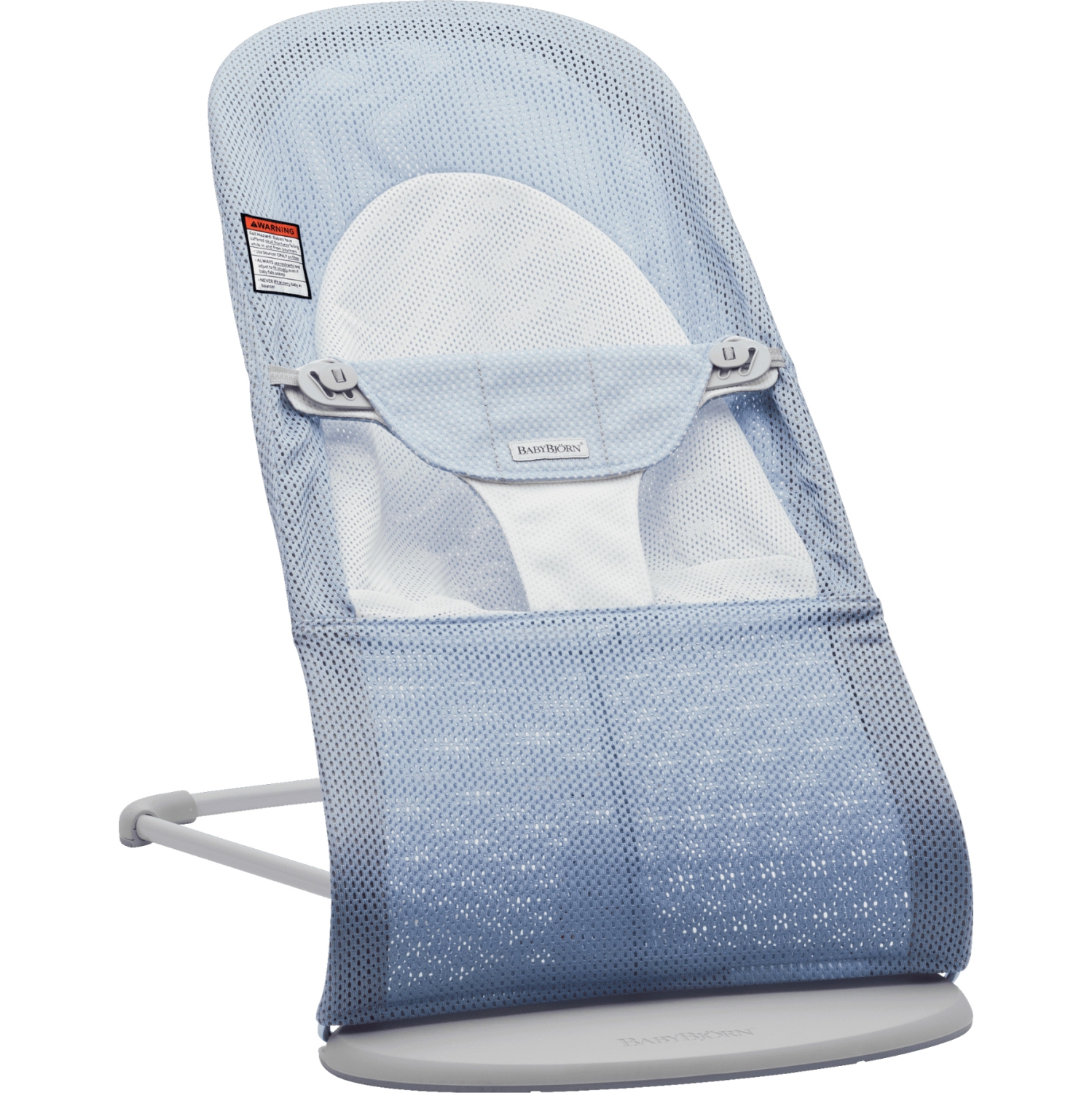 Siège sauteur Balance Soft de BabyBjorn - filet, bleu ciel/blanc sur cadre gris pâle