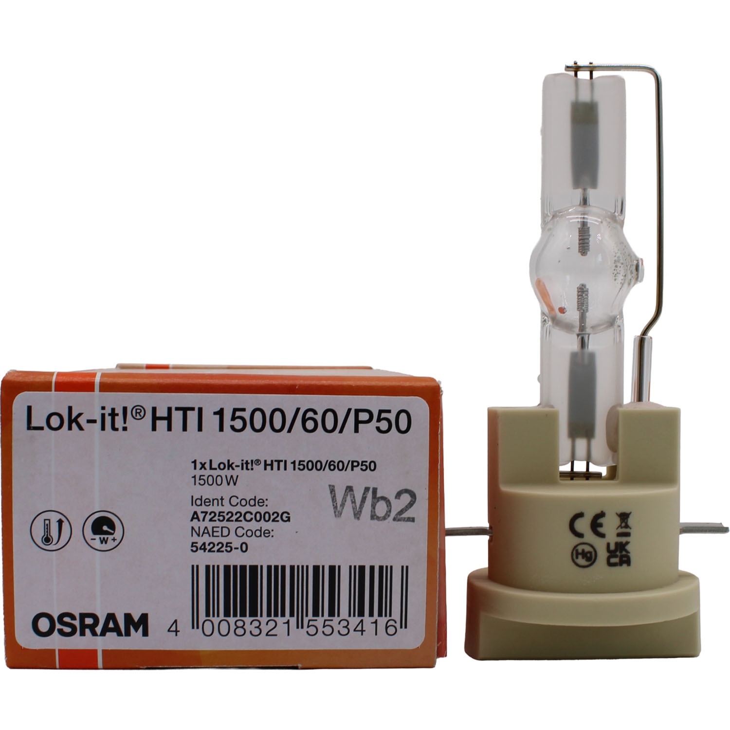 Osram Lok-it!® HTI 1500W/60/P50 Metal Halide Lamp – 130,000 lm, 6000K, 100V, 1,500W, 750 hr - 54225
