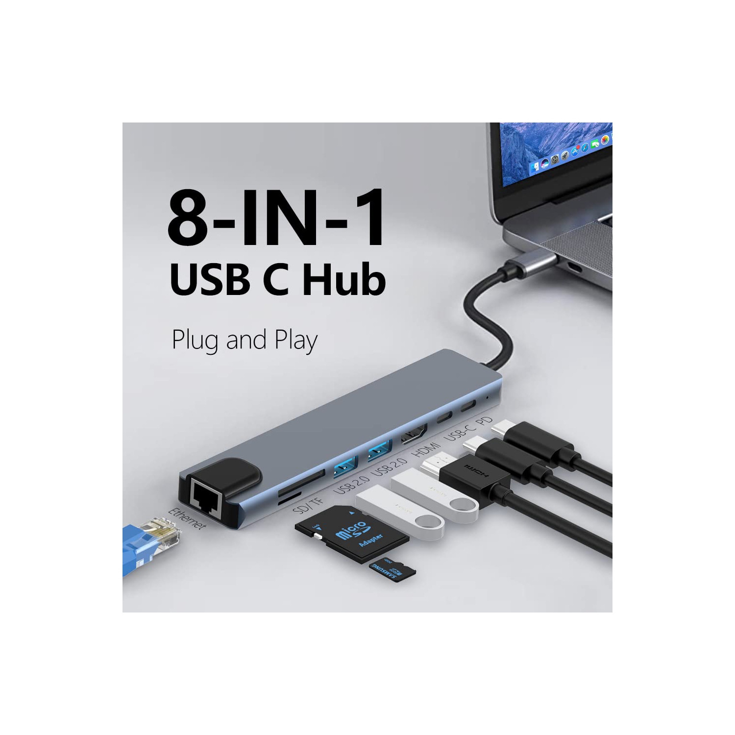 Station d'accueil 8 en 1 de type C vers HDMI, dongle USB C avec HDMI 4K @ 60 Hz, Ethernet RJ45, alimentation 100 W, lecteur de carte SD/TF, 2 ports