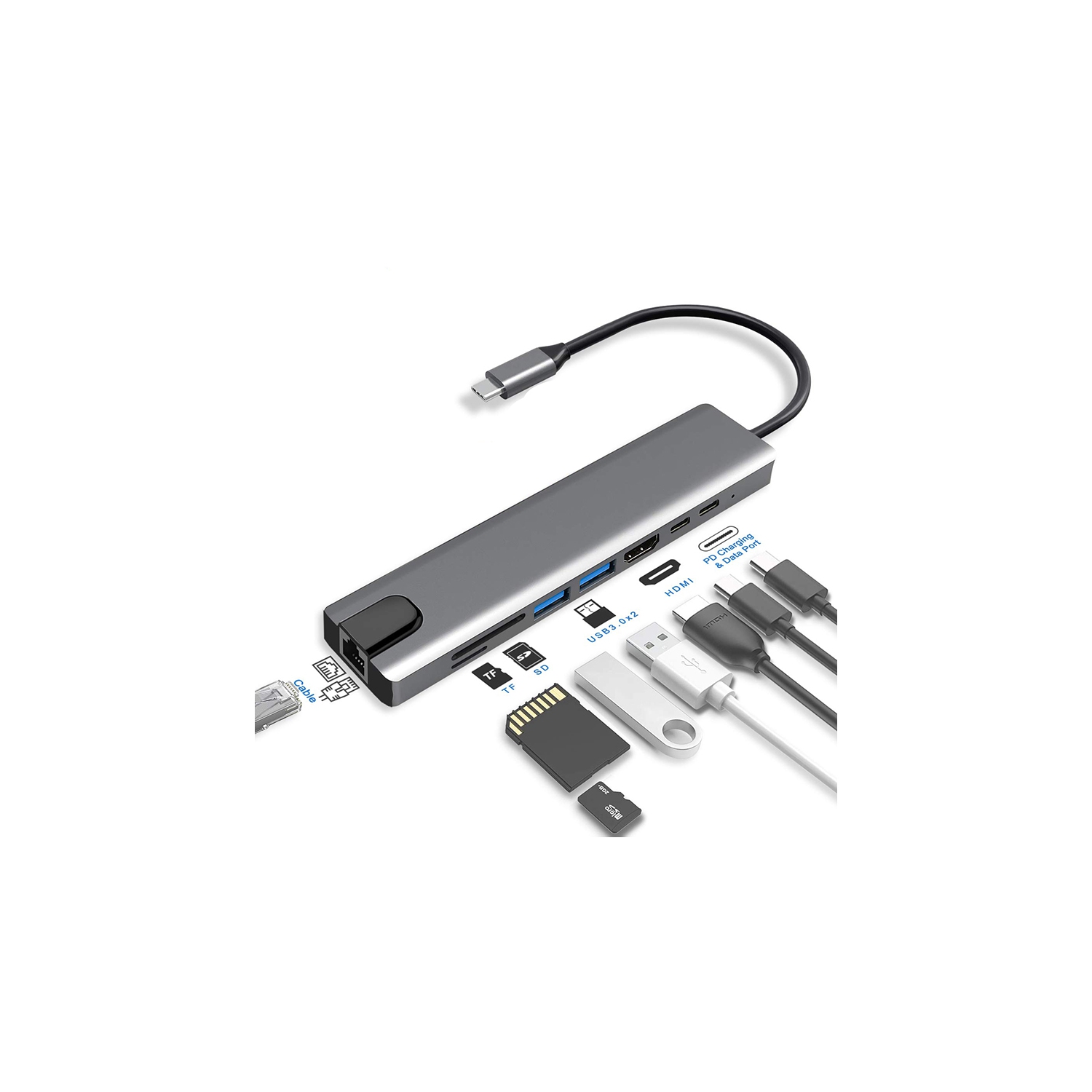 Station d'accueil 8 en 1 de type C vers HDMI, dongle USB C avec HDMI 4K @ 60 Hz, Ethernet RJ45, alimentation 100 W, lecteur de carte SD/TF, 2 ports