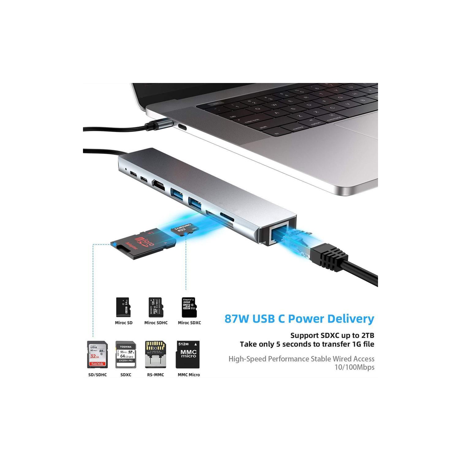 Station d'accueil 8 en 1 de type C vers HDMI, dongle USB C avec HDMI 4K @ 60 Hz, Ethernet RJ45, alimentation 100 W, lecteur de carte SD/TF, 2 ports