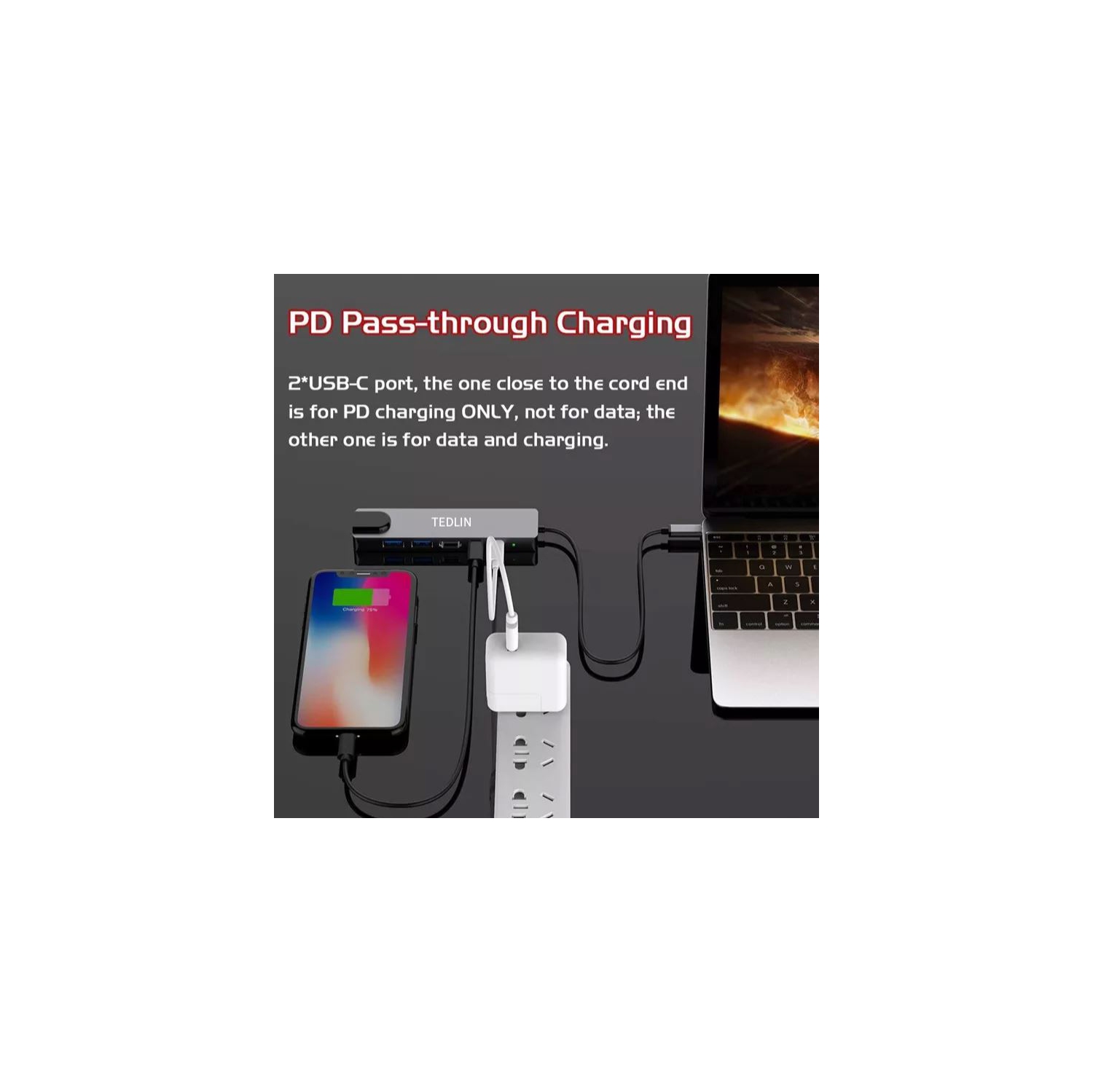 TEDLIN Hub USB C 6 en 1 Dongle de type C vers UHD/Type C/HDTV Multiport Adaptateur avec sortie HDMI 4K, 2 ports USB 3.0, USB C vers Ethernet RJ45 100