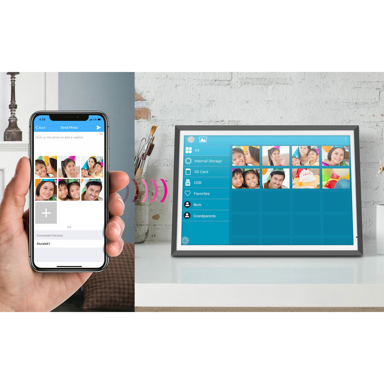 Cadre photo numérique 32 Go de 13,5 po avec Wi-Fi et écran tactile d'Aluratek - Noir