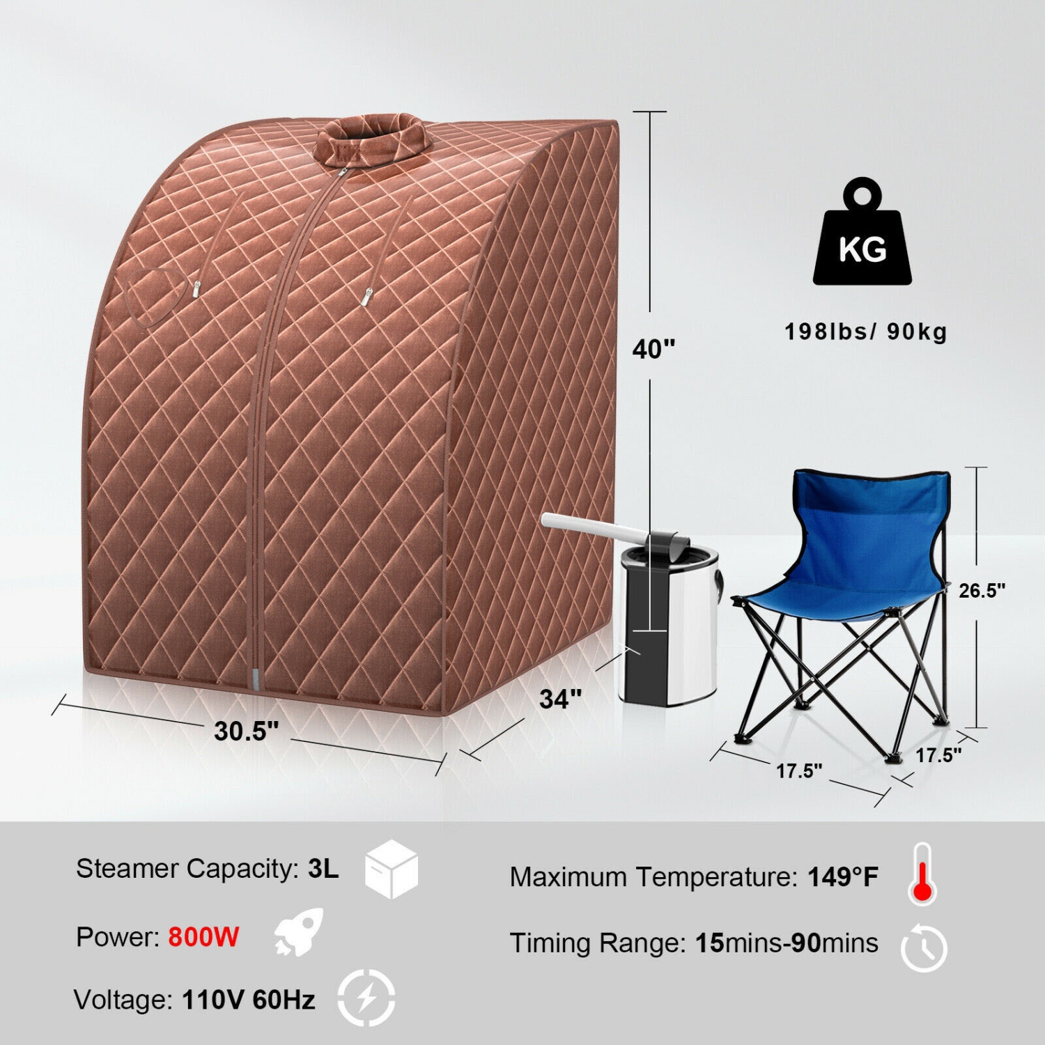 Portable Personal Steam Sauna with 3L Steamer and Fold-able Chair for Home Use