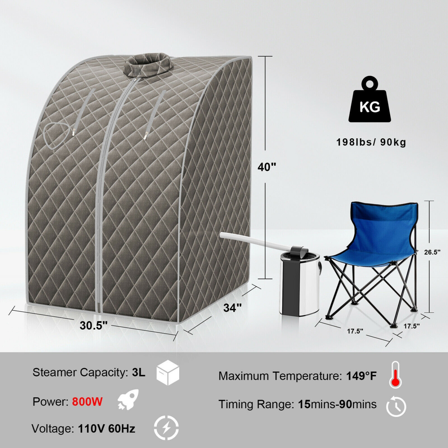 Portable Personal Steam Sauna with 3L Steamer and Fold-able Chair for Home Use
