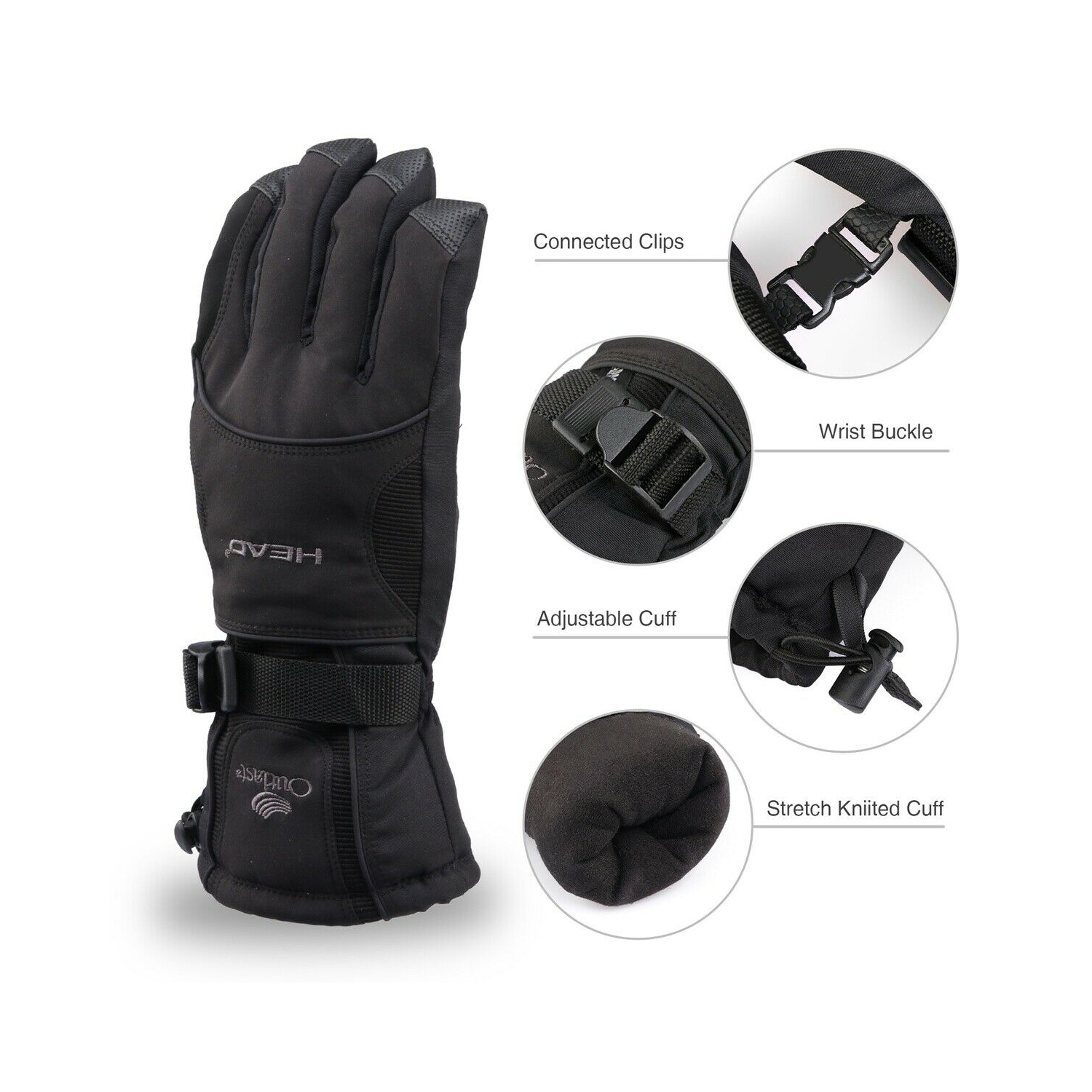 Gants de planche à neige en ski thermique super chauds avec revers ajustable, pochette à fermeture à glissière