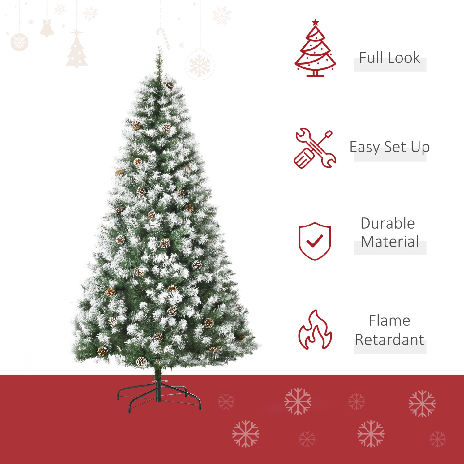 HOMCOM 6ft Snow Flocked Artificial Christmas Tree, Unlit Full Fir Tree with Automatic Open, 800 Realistic Branches and 61 Pine Cones