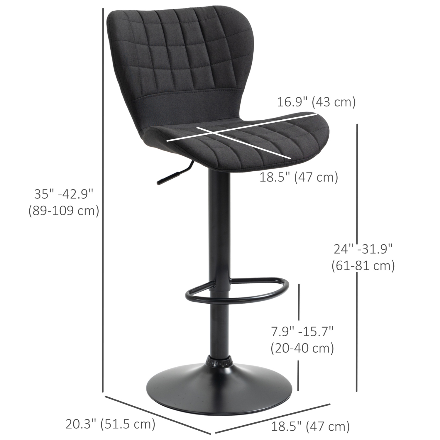 HOMCOM Bar Stools Set of 2, Adjustable Height Swivel Bar Chairs, Linen-feel Fabric Upholstered Kitchen Counter Stools with Wide Seat, Back and