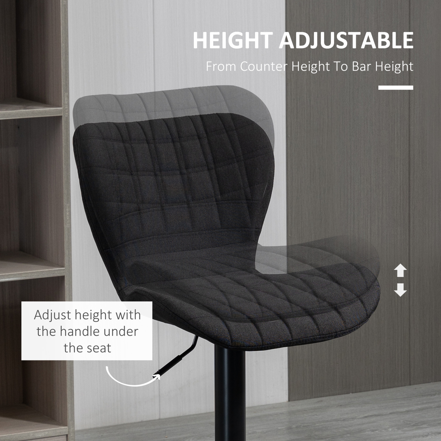 HOMCOM Bar Stools Set of 2, Adjustable Height Swivel Bar Chairs, Linen-feel Fabric Upholstered Kitchen Counter Stools with Wide Seat, Back and