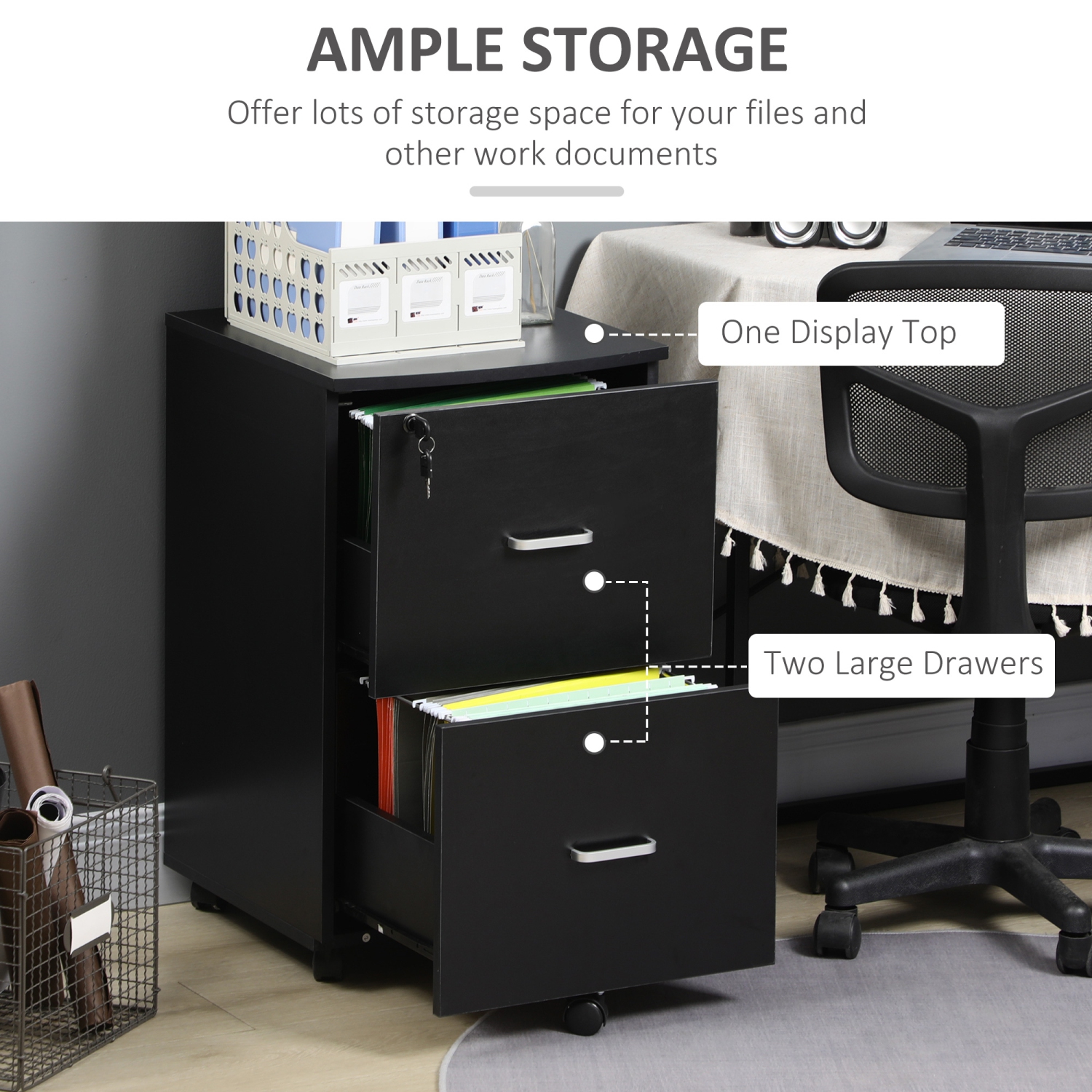 Vinsetto 2 Drawer File Cabinet with Lock, Small Rolling Filing Cabinet for A4, Letter-Size Documents, Printer Stand for Home Office, 17" x 17.75" x