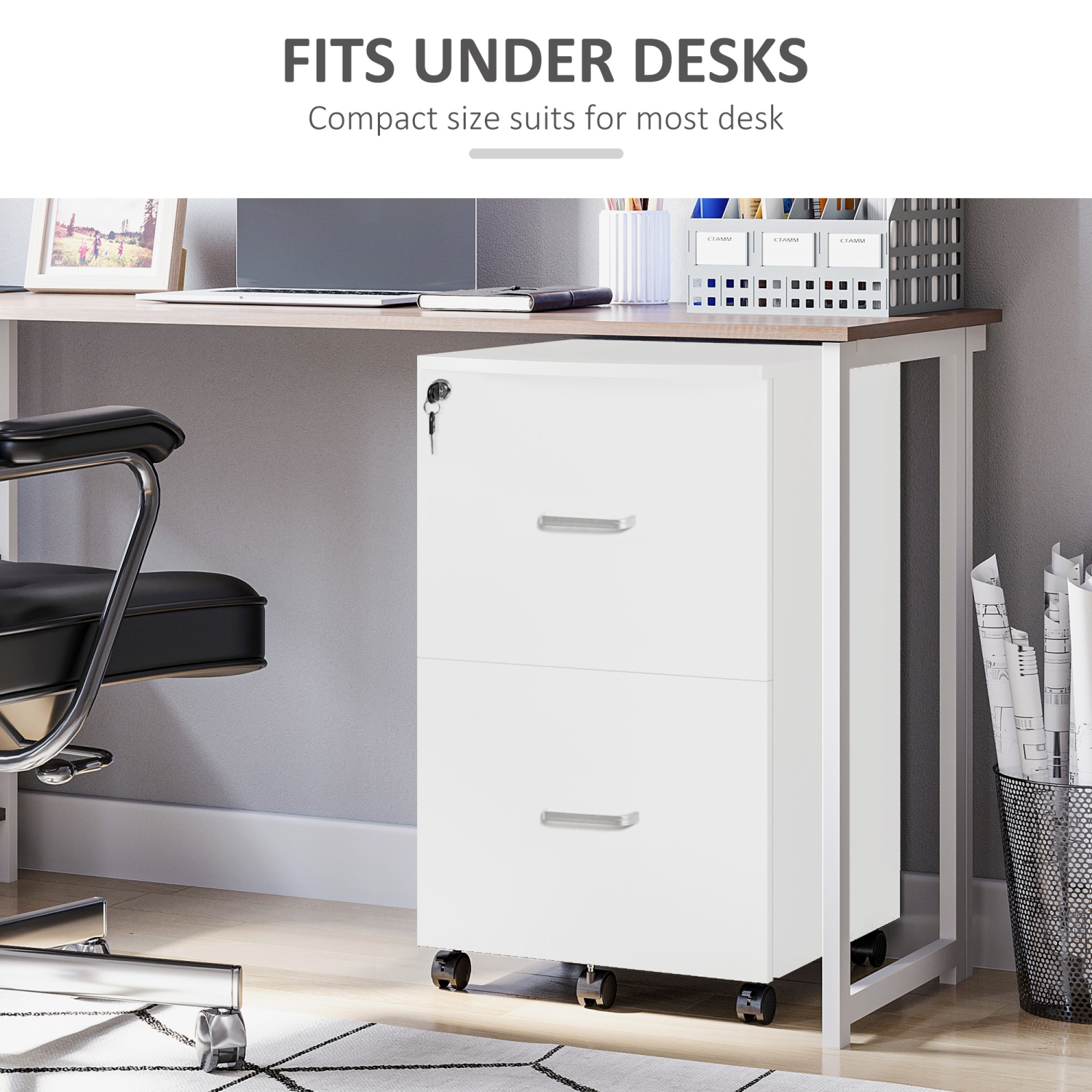 Vinsetto – Classeur à 2 tiroirs avec verrou, petit classeur à roulettes pour A4, documents de format lettre, support pour imprimante pour bureau à