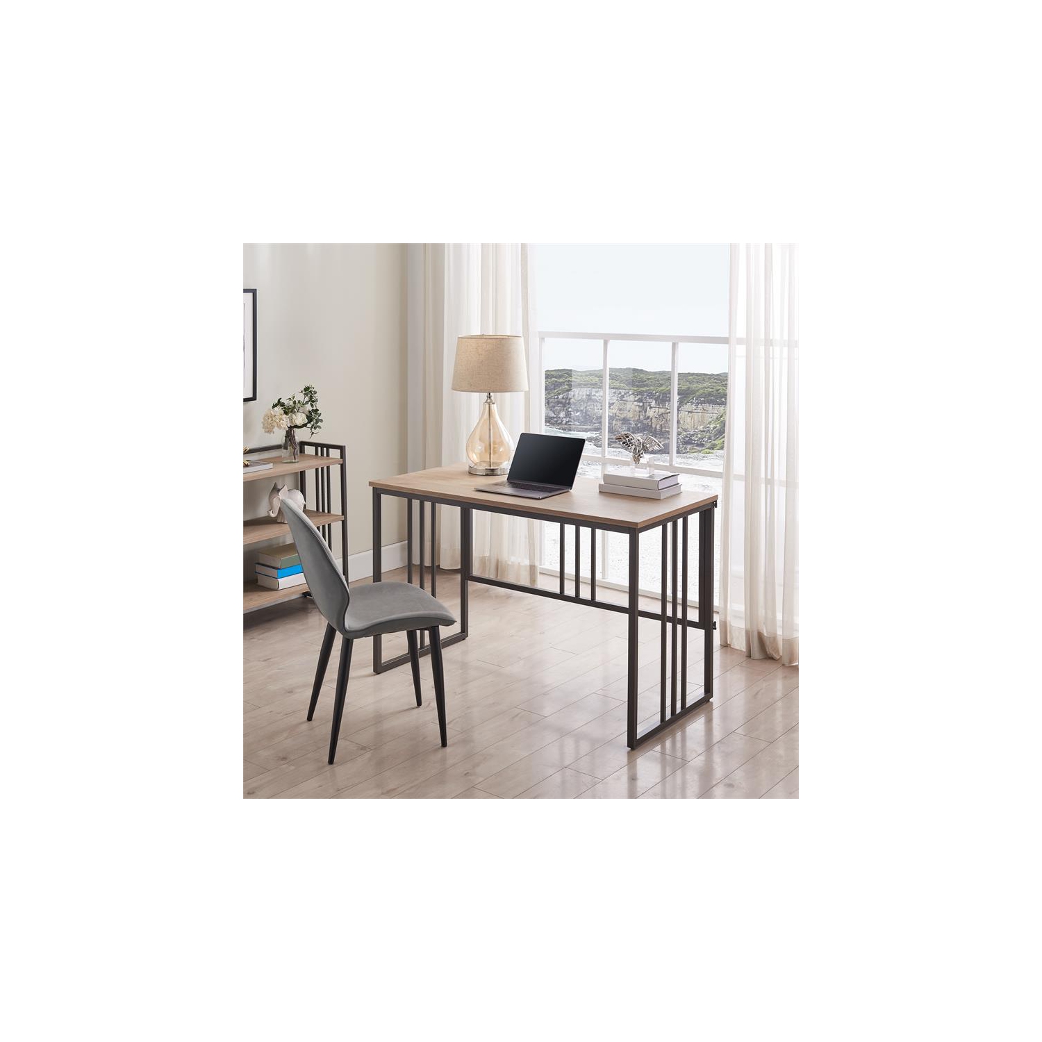 Leick Home 70001-WOGM Collapsible Slatted Mission Desk in White Oak/Gunmetal