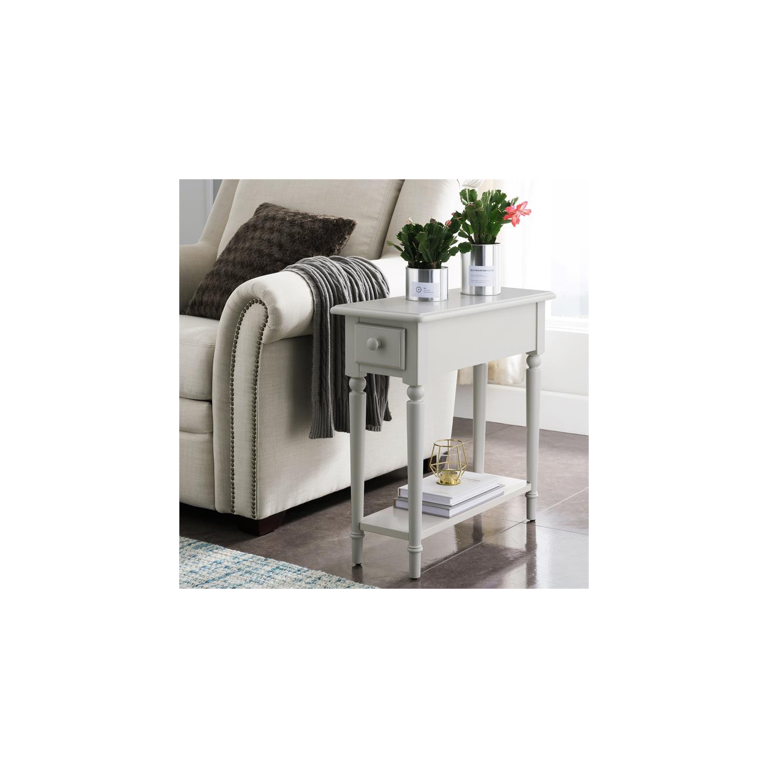 Leick Furniture Coastal Notions Narrow Wood End Table with Shelf in Silky Painted