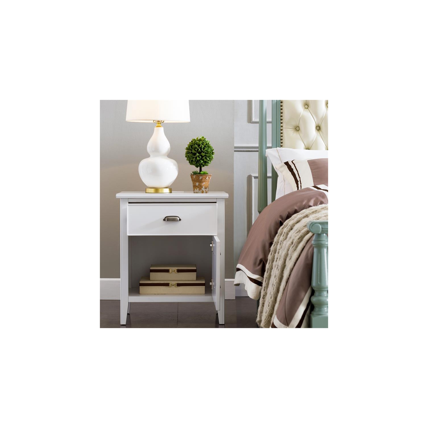 Laurent Nightstand with Drawer/Door Storage and AC/USB Outlet in Orchid White