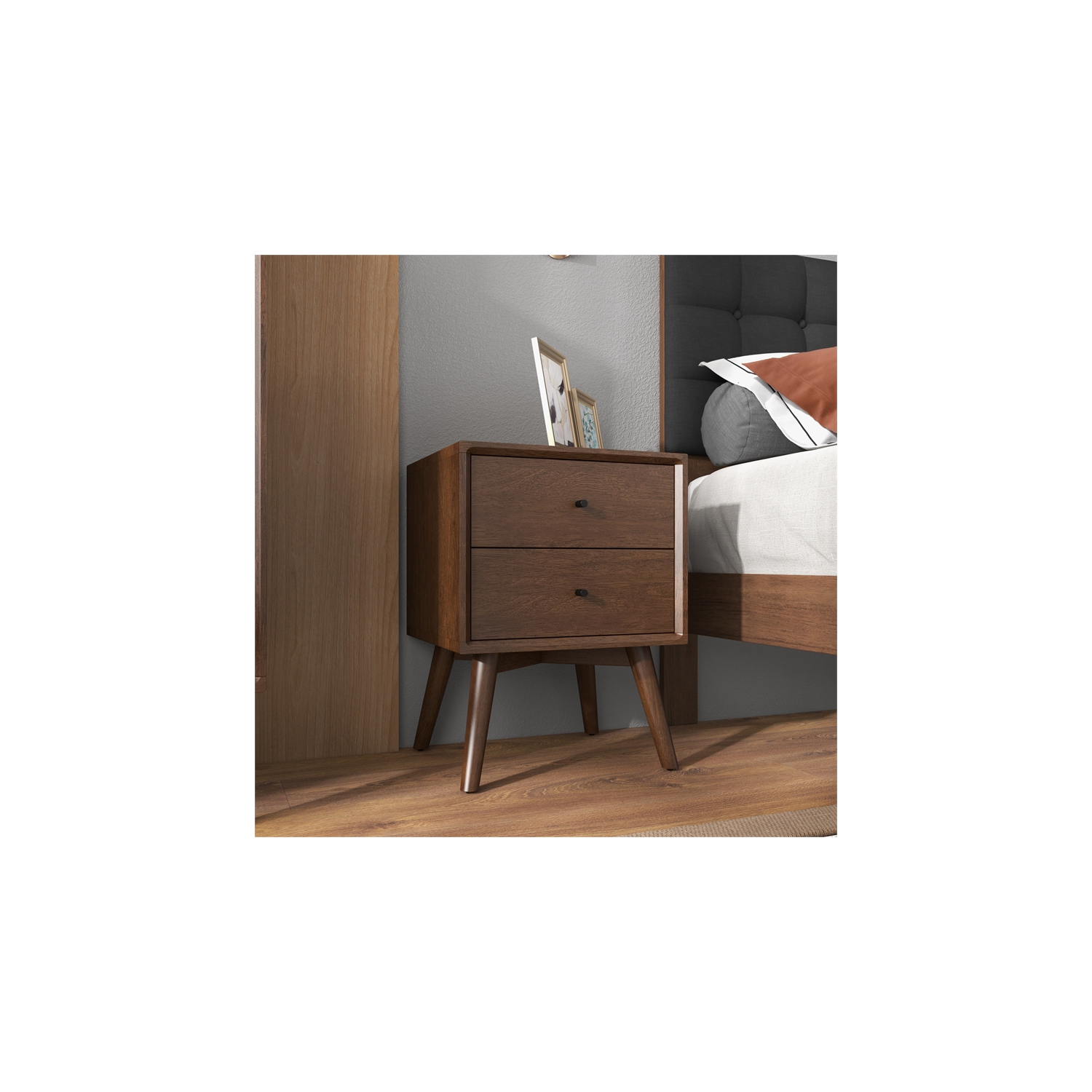 Pemberly Row Mid-Century Solid Wood 1-Drawer NightStand in Walnut