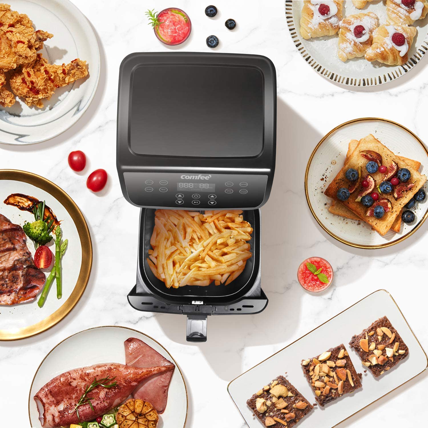 COMFEE' 5.8Qt Digital Air Fryer, Toaster Oven & Oilless Cooker, 1700W with 8 Preset Functions, LED Touchscreen, Shake Reminder, Non-stick Detachable