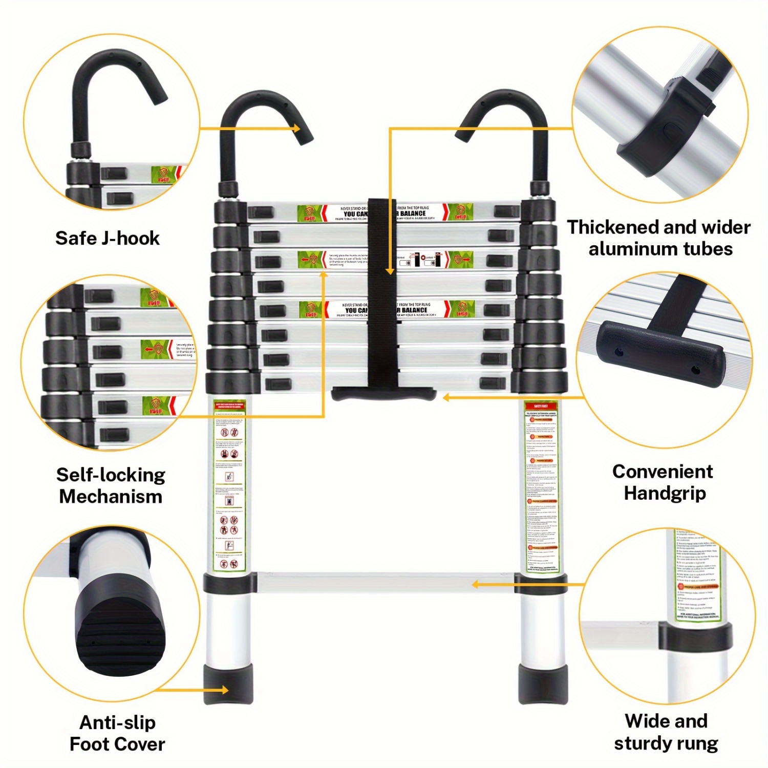 Telescopic Ladder, 16.5FT CoolHut Aluminum Telescoping Ladder with Non-Slip Feet and Stable Hook, Portable Extension Ladder for Household and Outdoor
